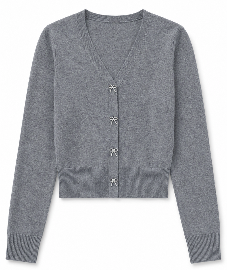 THEME NYC Tween grey Mickey cardigan with bow-shaped diamond buttons and V-neckline.