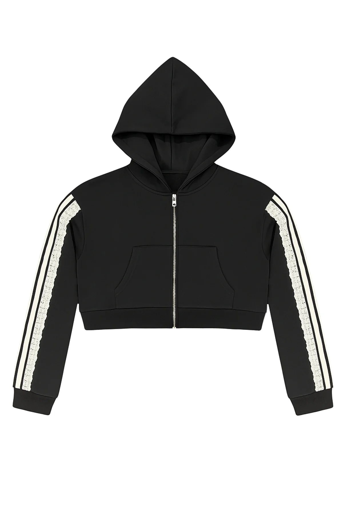 KatieJ NYC Tommy Oversized Crop Zip Track Hoodie- Ivory Lace + Black