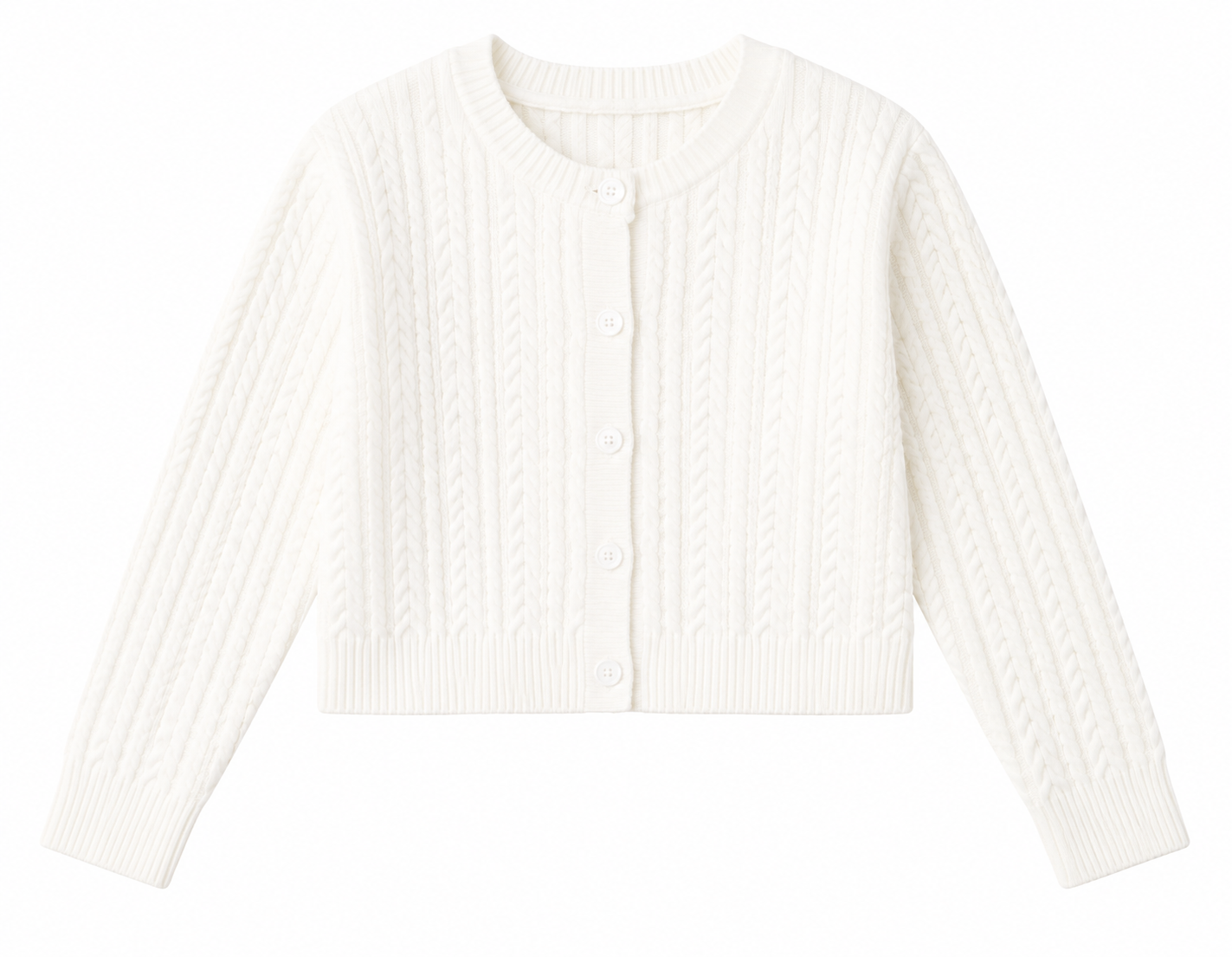Cream cable knit cardigan for tween girls featuring a button front, cropped fit, and classic crew neckline.