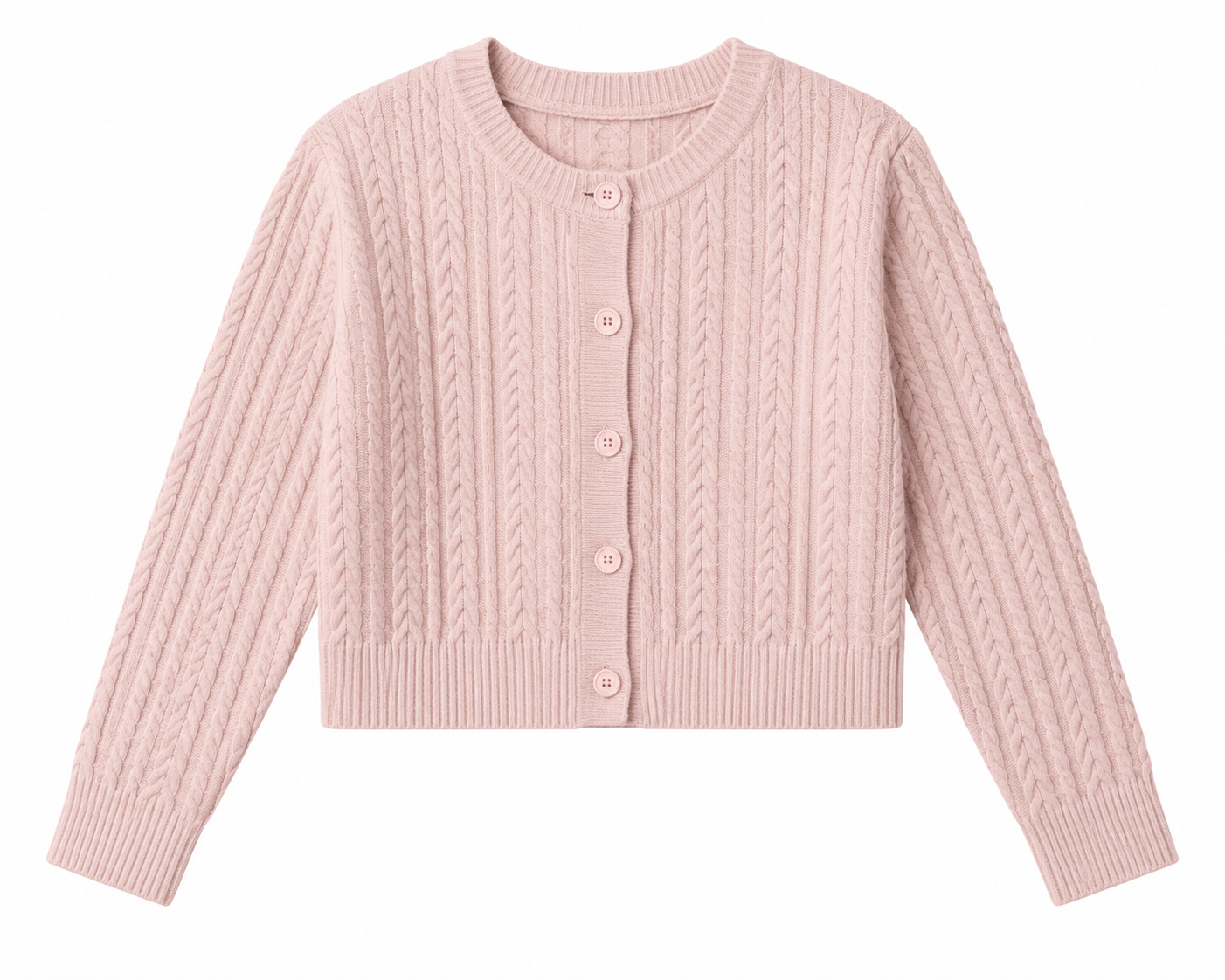 Blush pink cable knit cardigan for tween girls featuring a cropped silhouette, button front, and classic crew neckline.