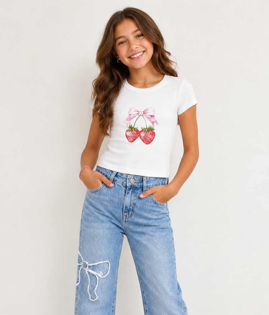 KatieJ NYC white ribbed fitted baby tee featuring a pink bow and sparkling strawberry graphic for tween girls.