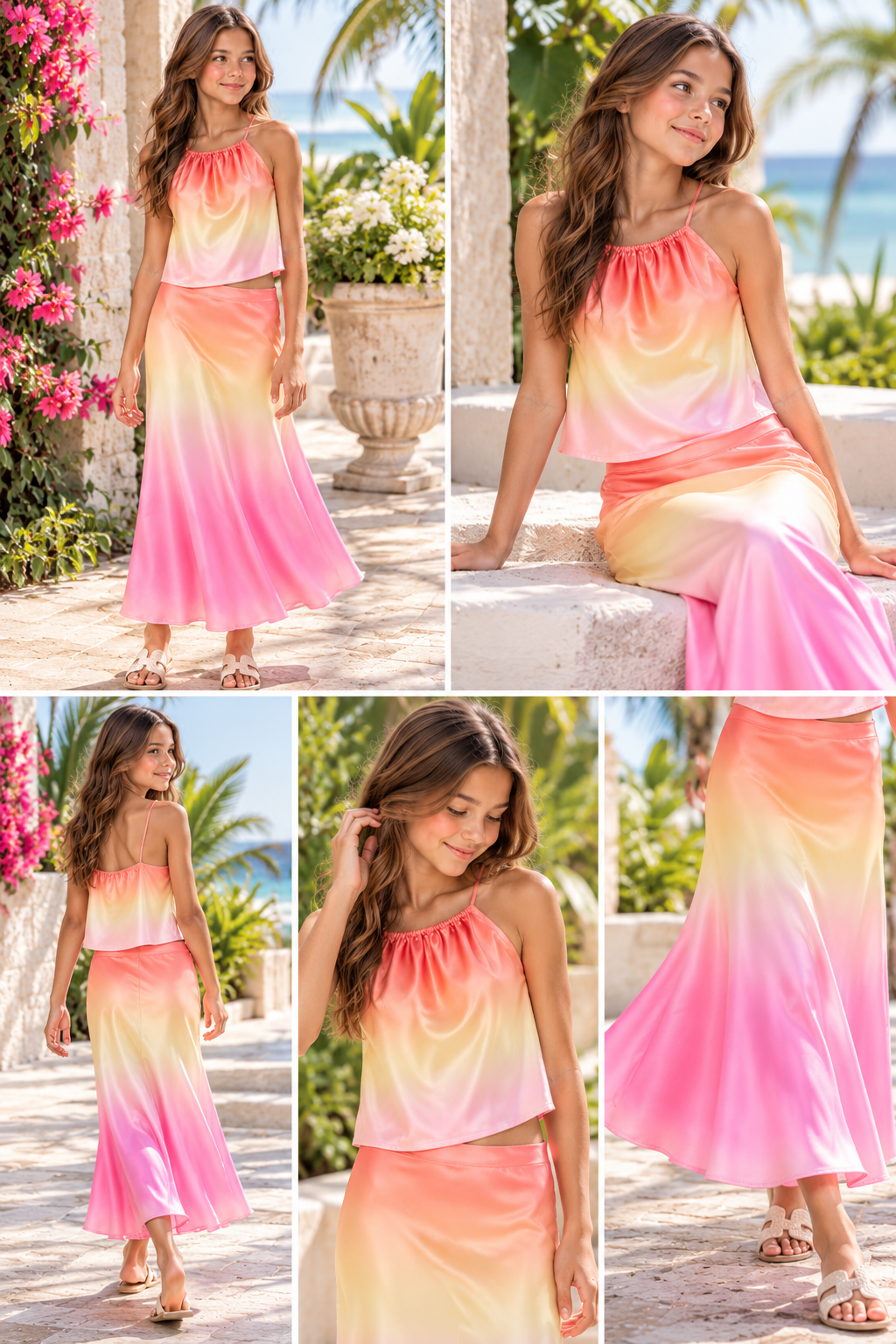 KatieJ NYC Tween 2pc Satin Skirt Set - Hot Pink Ombre