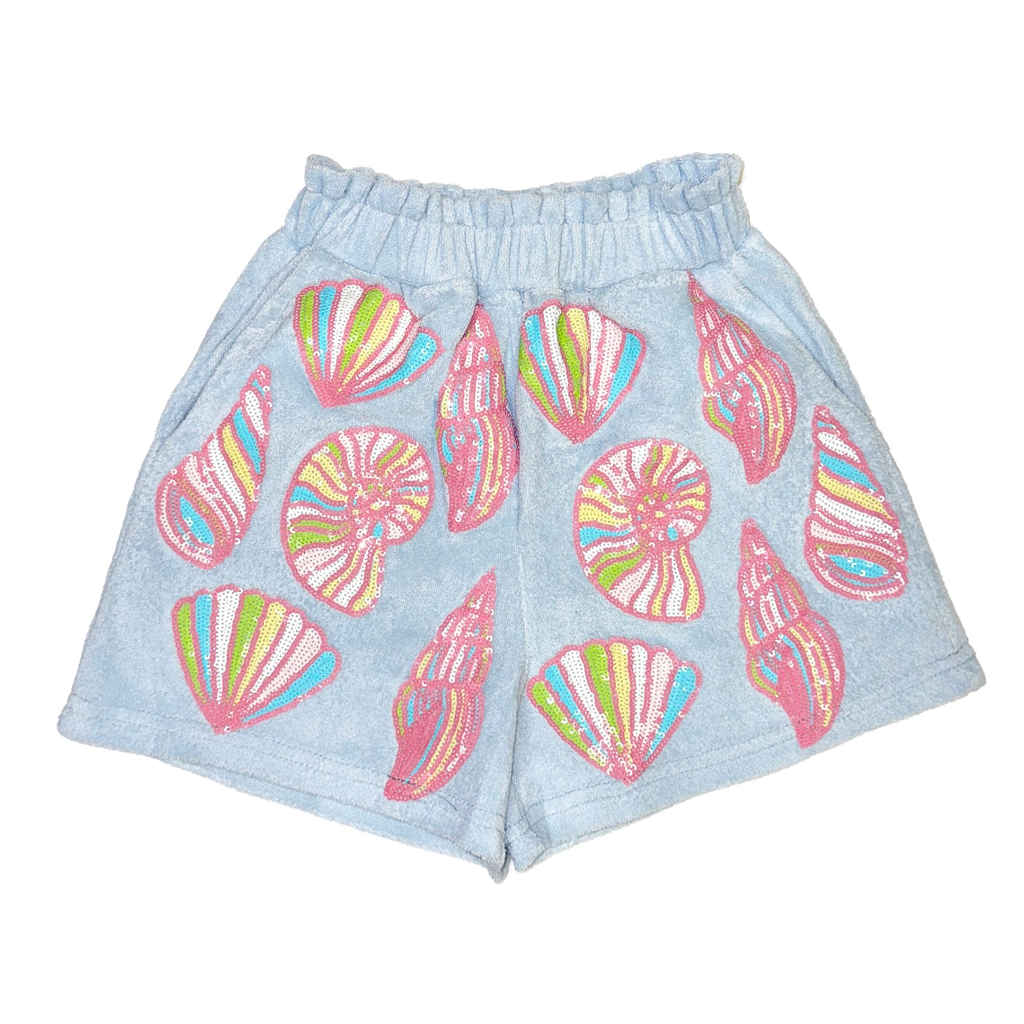 baby blue terry cloth beach outfit with colorful sequin seashells