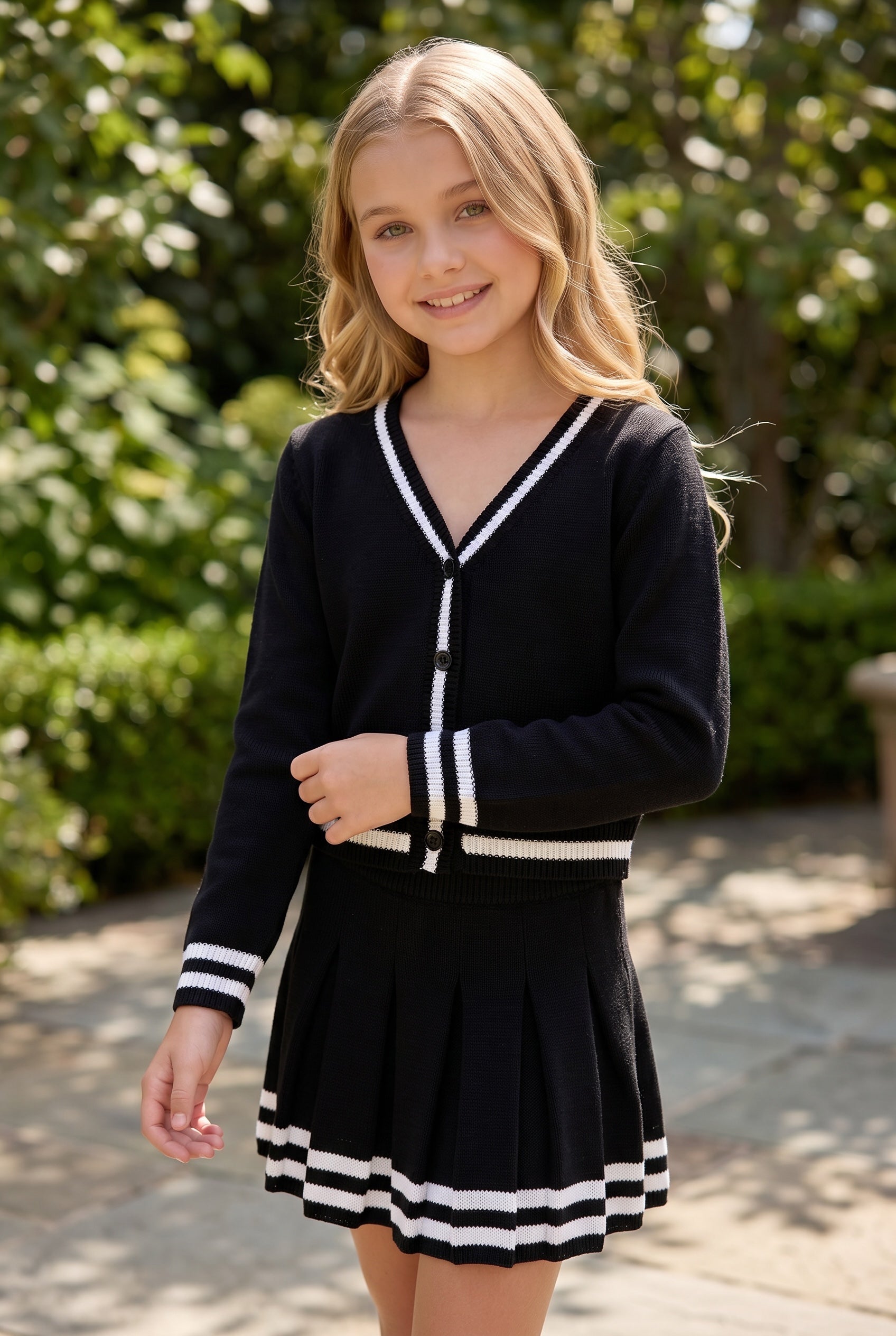 Lightweight sweater cardigan for tween girls in black and white