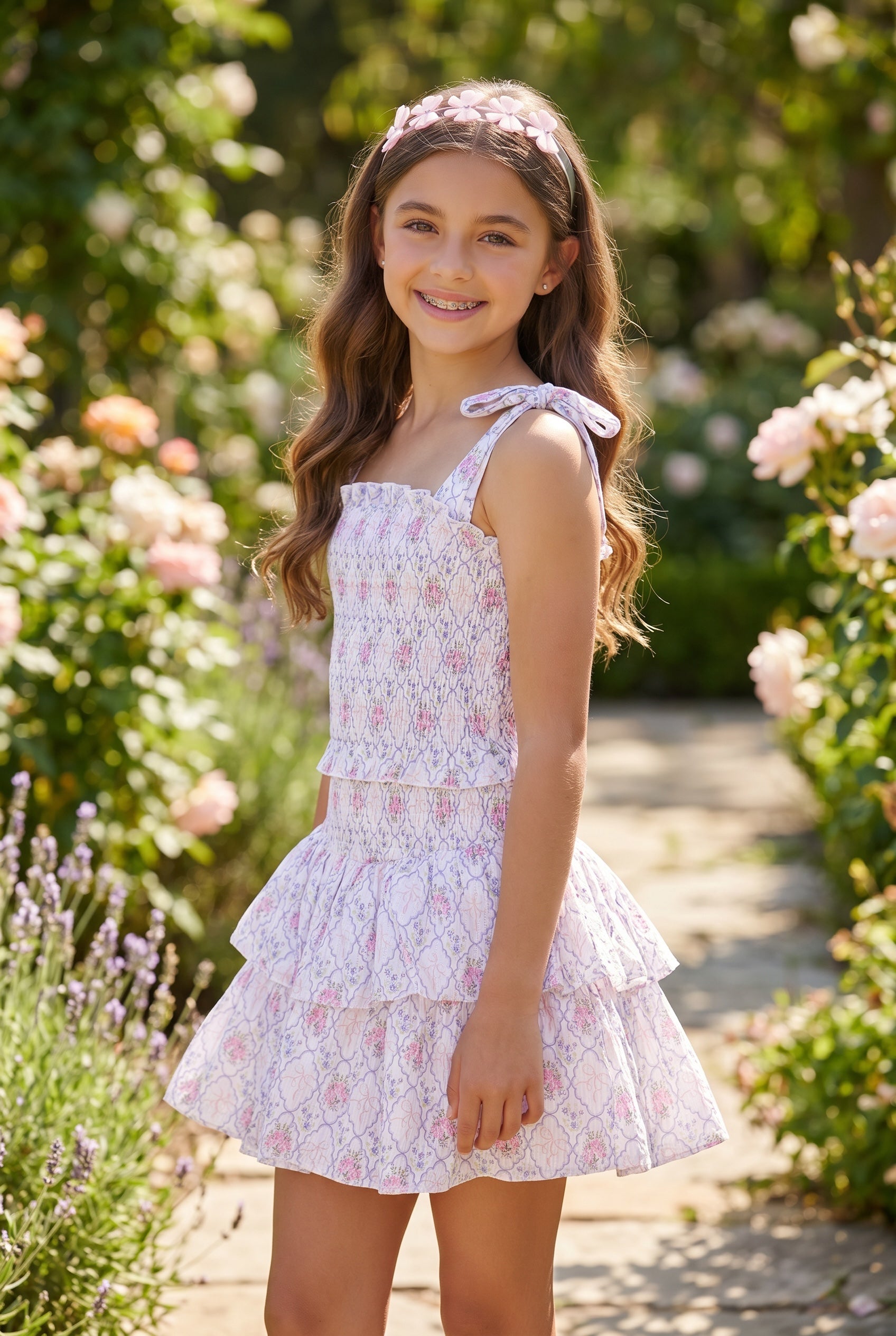 Smocked floral dress with tie straps by KatieJ NYC