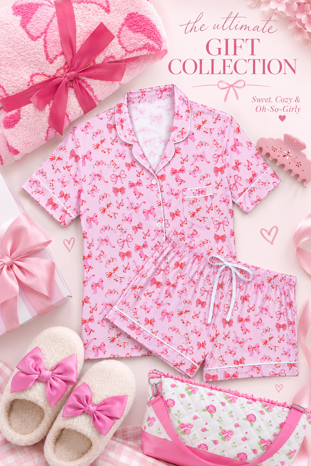 Tween girls gift idea featuring KatieJ lounge wear in a pink bow pattern with bow slippers, an emi jay eyelet hair clip, and pink blow blanket and a pink floral bag