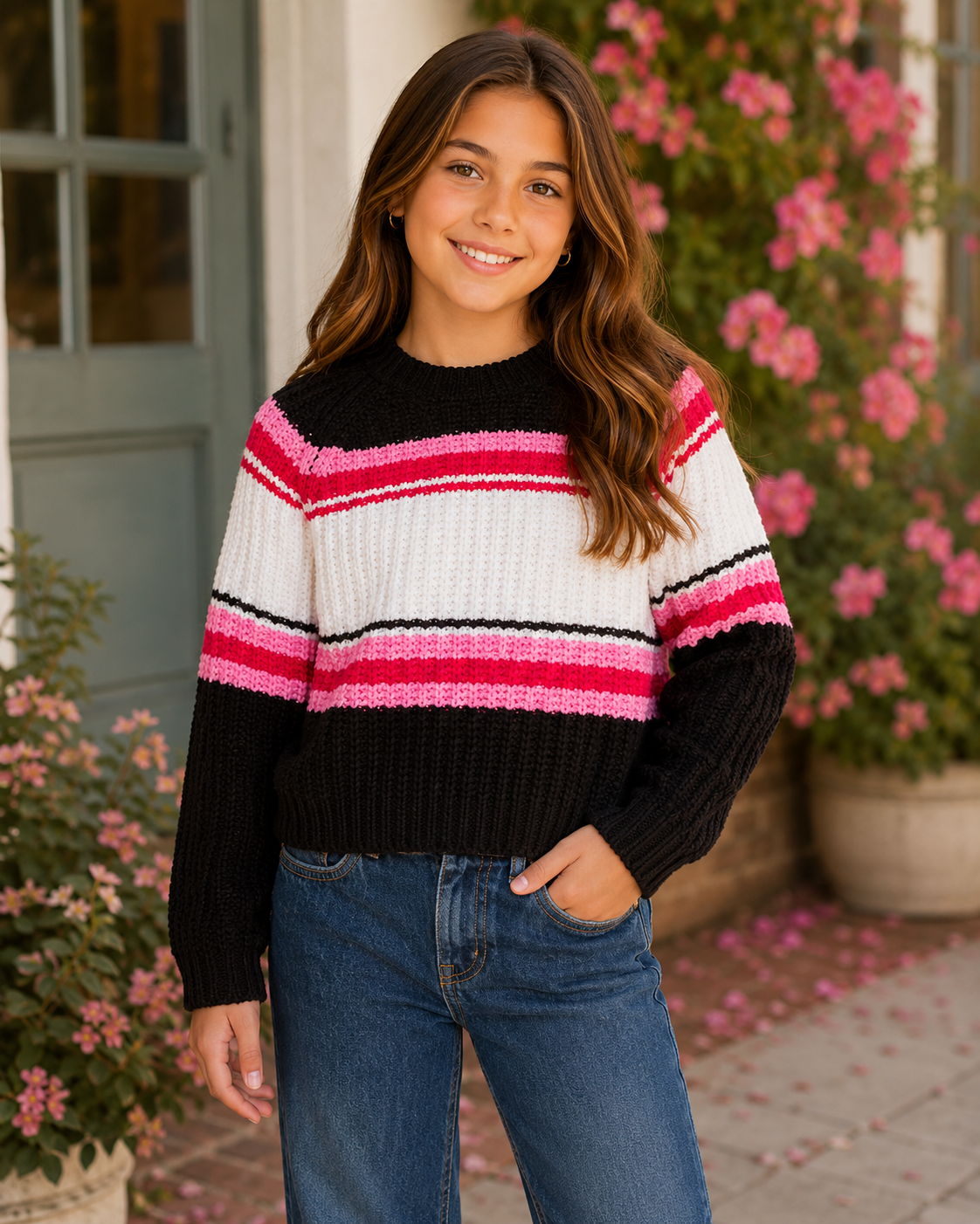 Tween girl wearing a pink black and white striped sweater with jeans