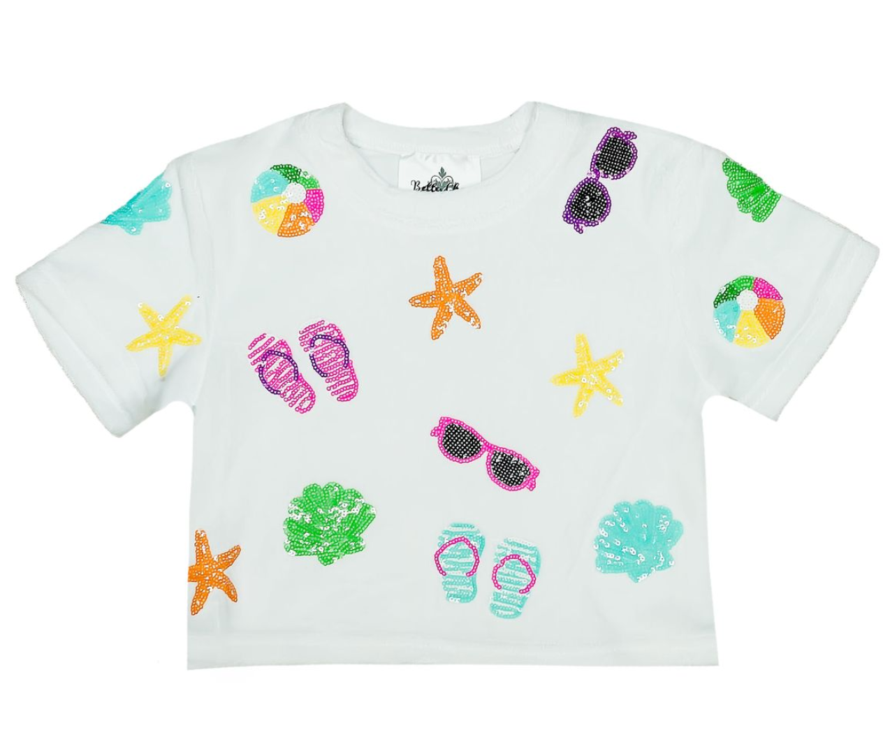 Tween girls white resort outfit with colorful sequin beach icons