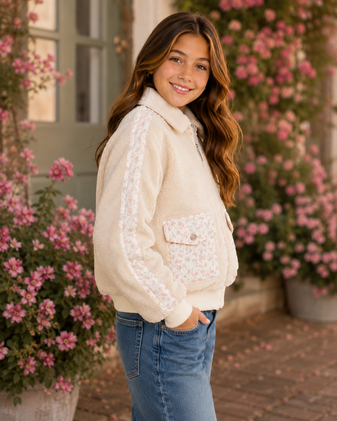Tween girl wearing floral trim sherpa jacket showing sleeve detail