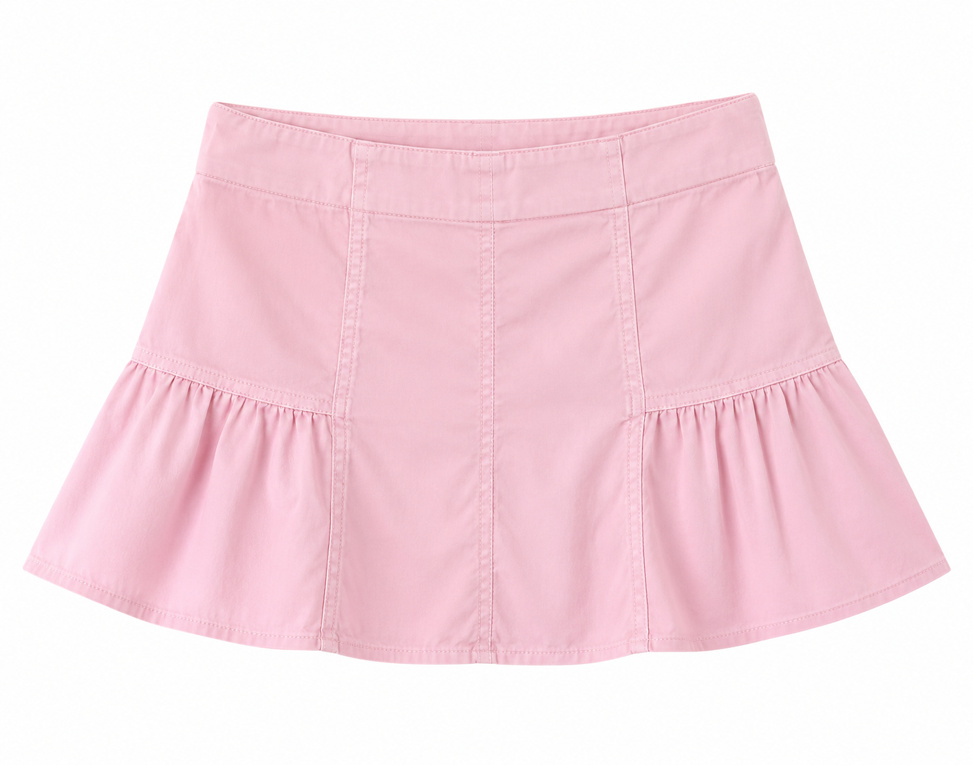 Tween girl wearing Pretty in Pink poplin ruffle mini skirt and white peplum top.