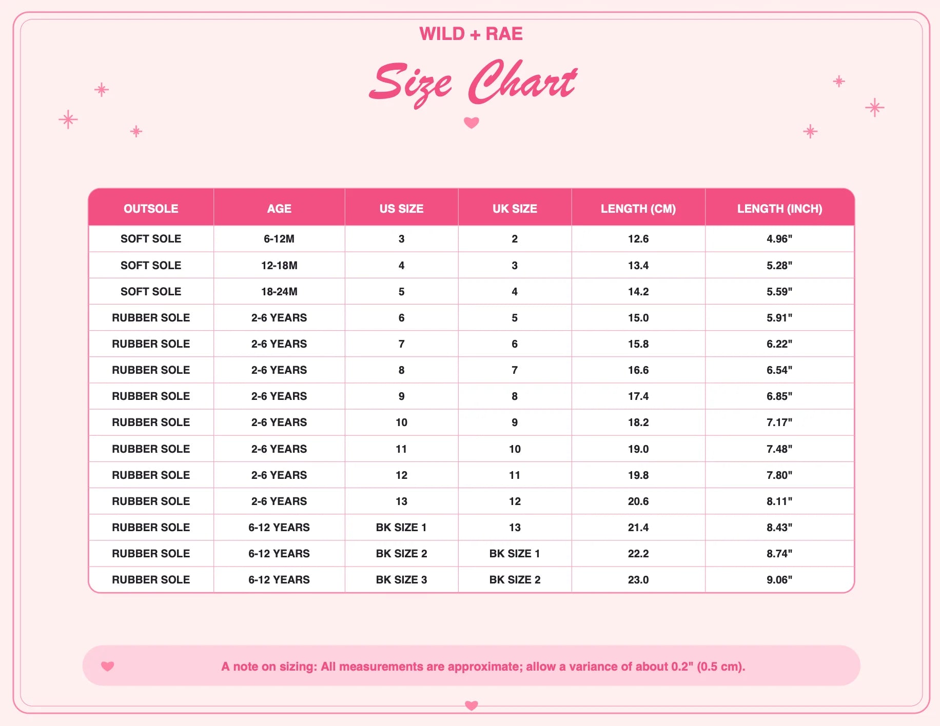 Wild + Rae size chart 