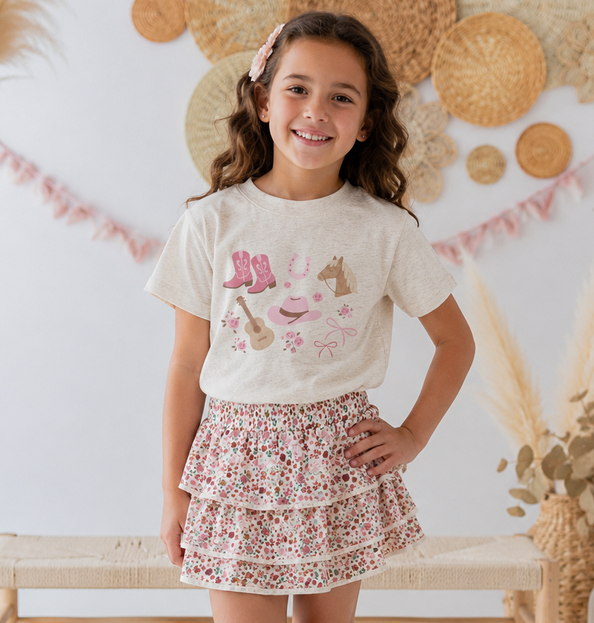 Sweet Wink girls berry floral tiered skort featuring a soft autumn floral print and comfortable elastic waistband.