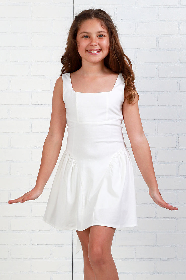 KatieJ NYC Brenna Bow Tie Back Dress- White Linen