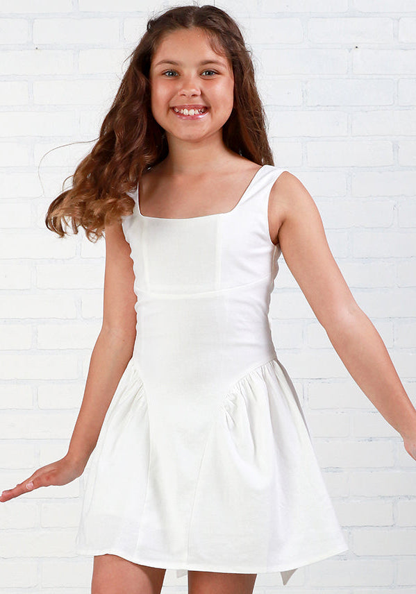 KatieJ NYC Brenna Bow Tie Back Dress- White Linen