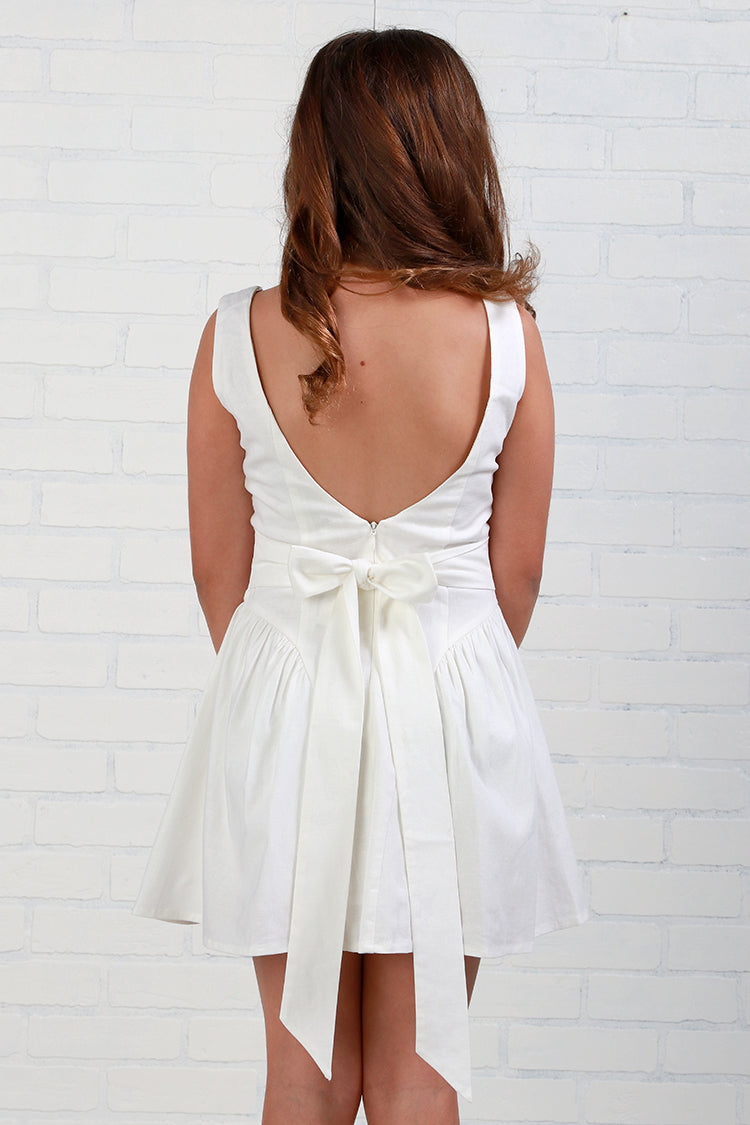 KatieJ NYC Brenna Bow Tie Back Dress- White Linen