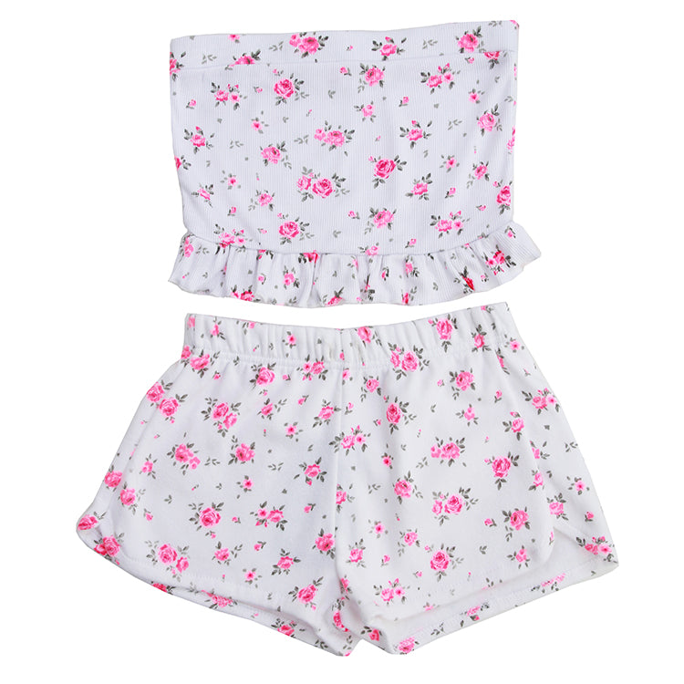 Flowers By Zoe Ribbed Ruffle Tube Top - Pink Floral