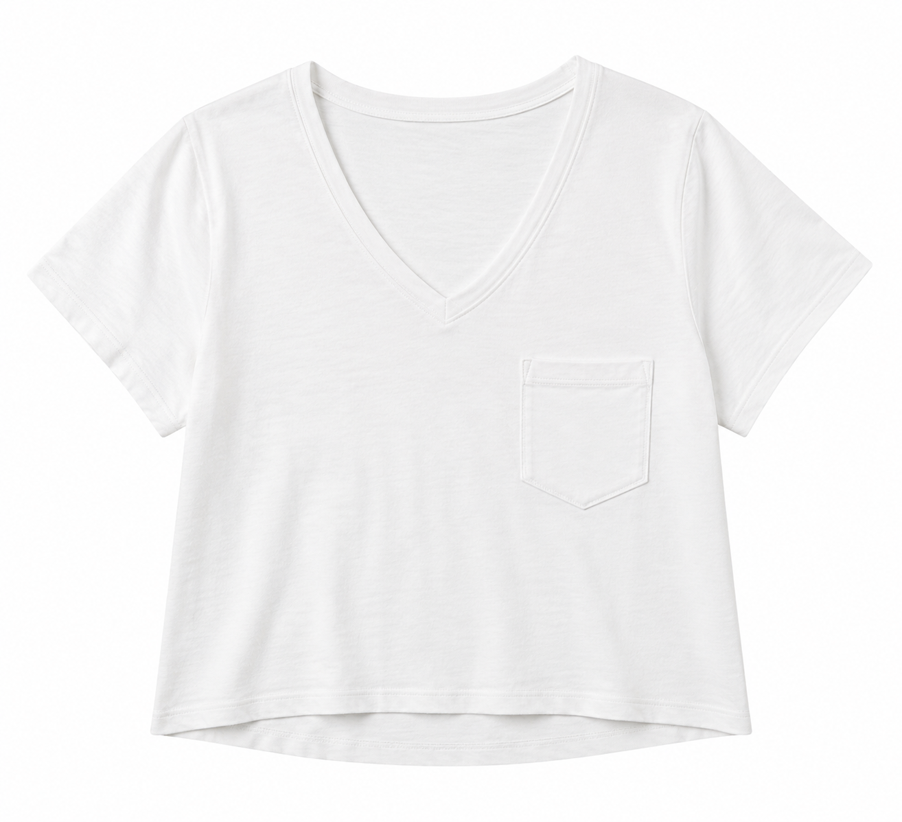 Soft white boutique cotton t-shirt with v-neckline and front pocket for tween girls.