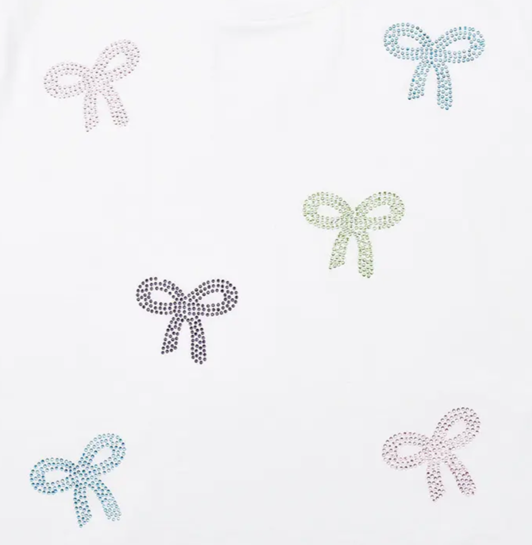Girls white cotton tee featuring sparkly rhinestone bows