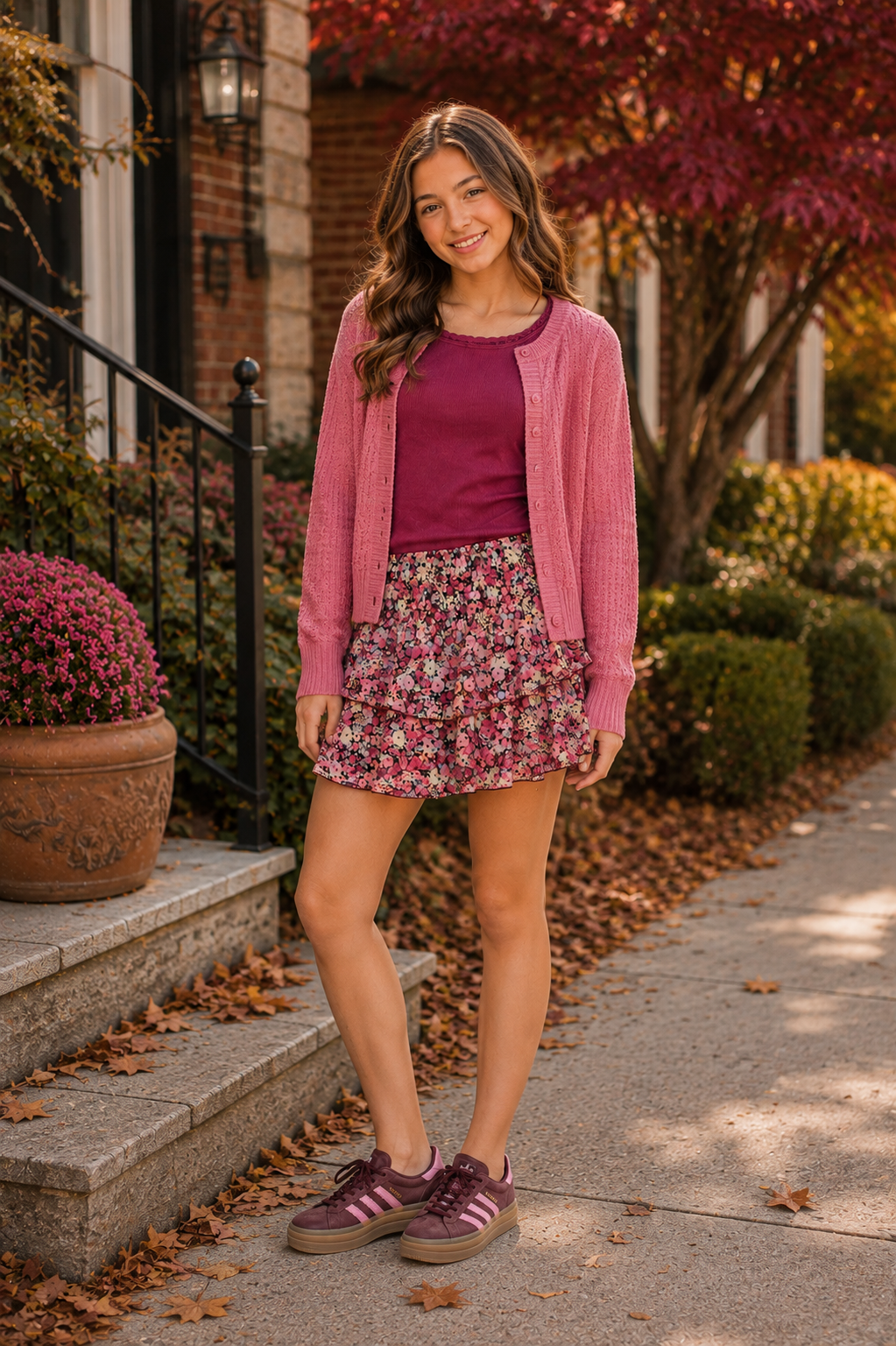 a tween girl  posing for a fall photo wearing a Burgundy top with a pink sweater with a fall floral skirt by Flowers by Zoe  for a stylish tween girls outfit