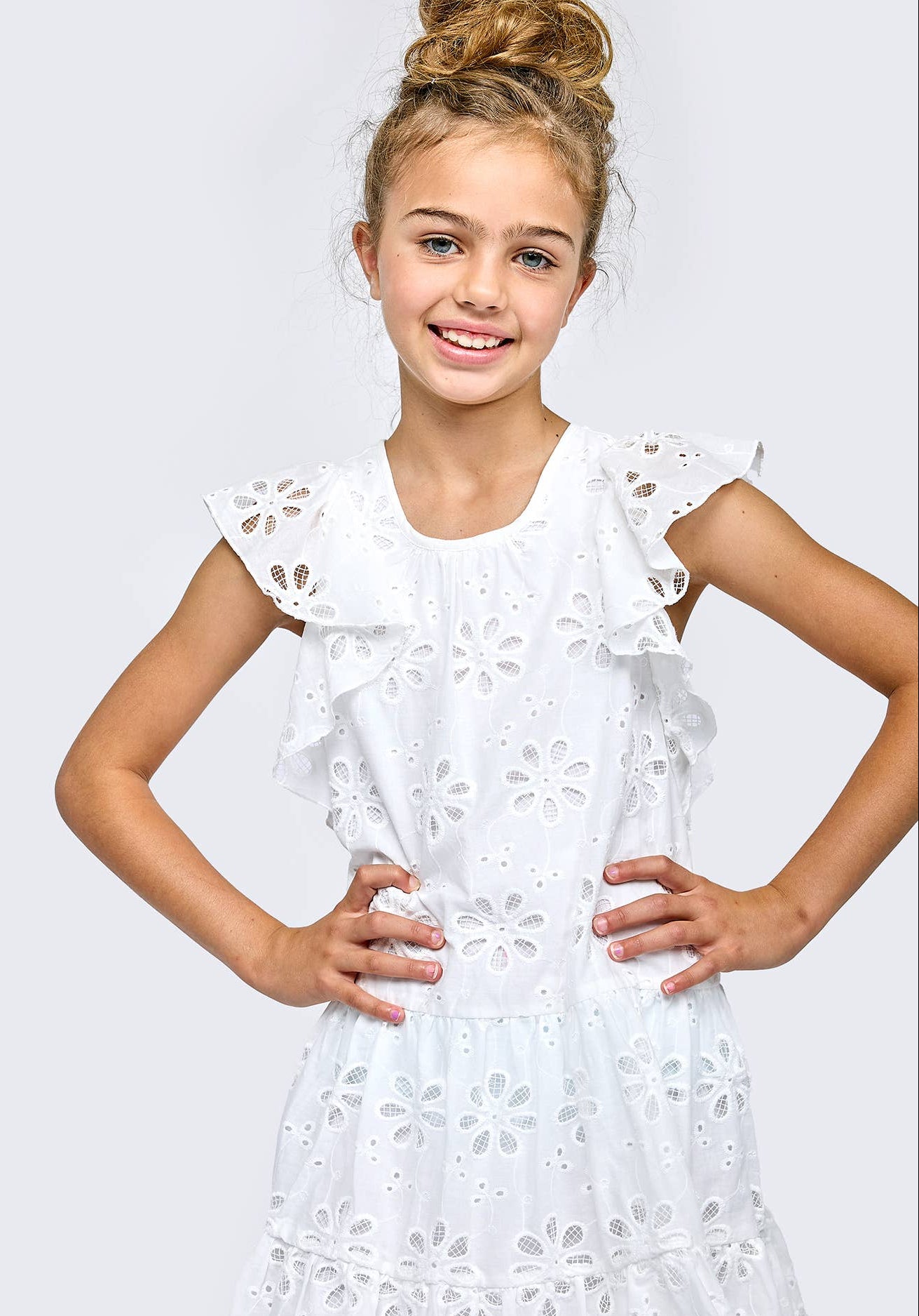 Hannah Banana Tiered Eyelet Dress W/ Flutter Sleeves - White