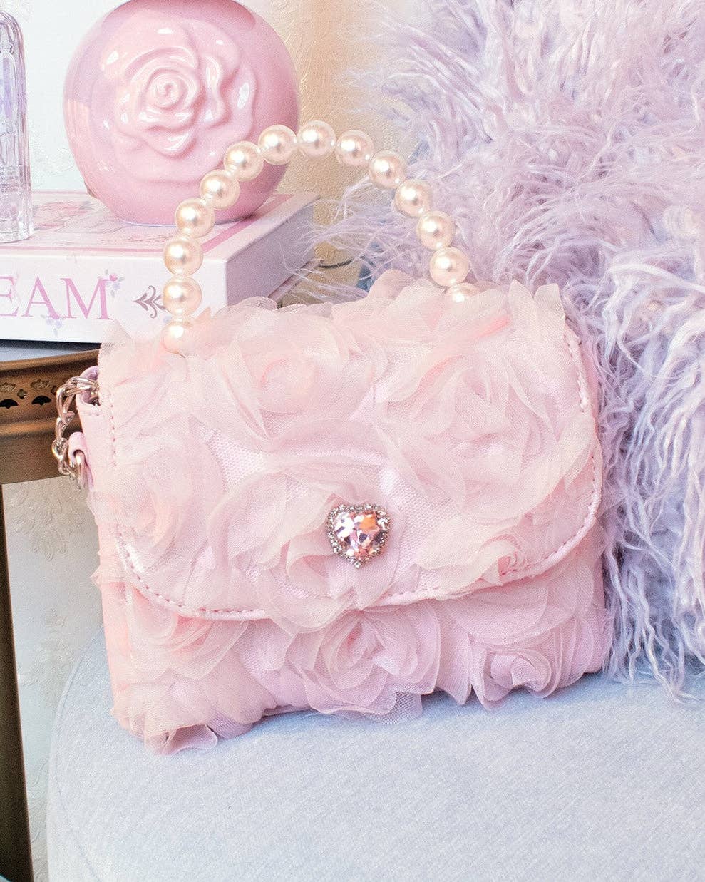 Pink Rosette Purse W/ Pearl Handle