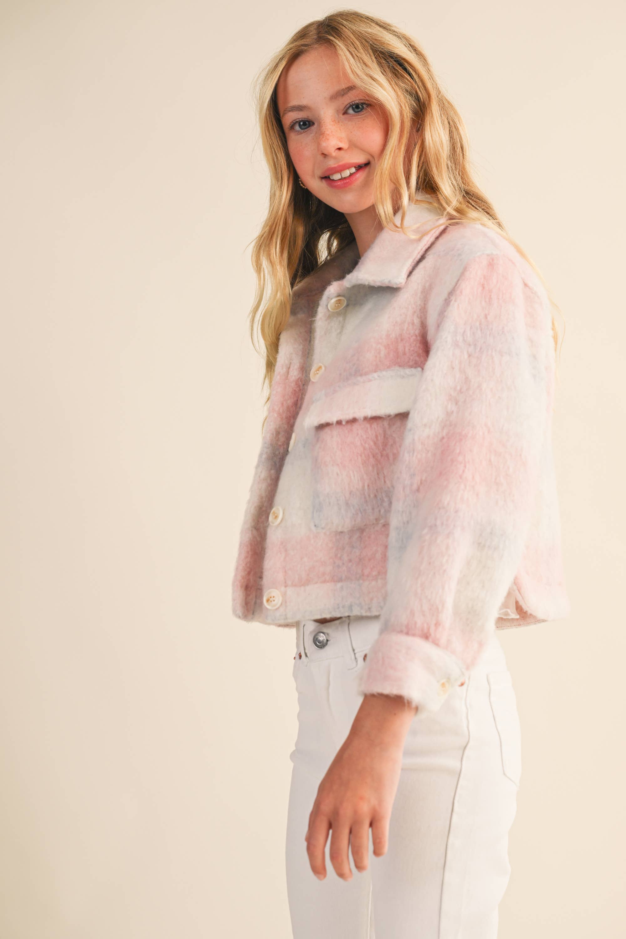 Heart & Arrow Tween Cropped Jacket- Pink Plaid