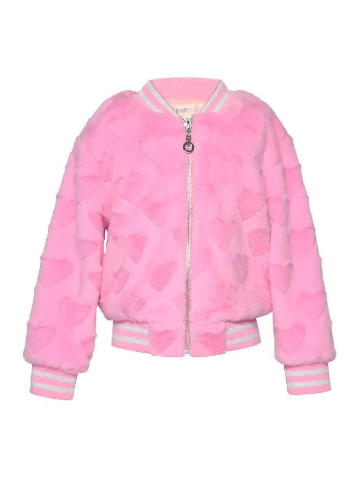 Baby Sara Heart Embossed Pink Faux Fur Bomber Jacket