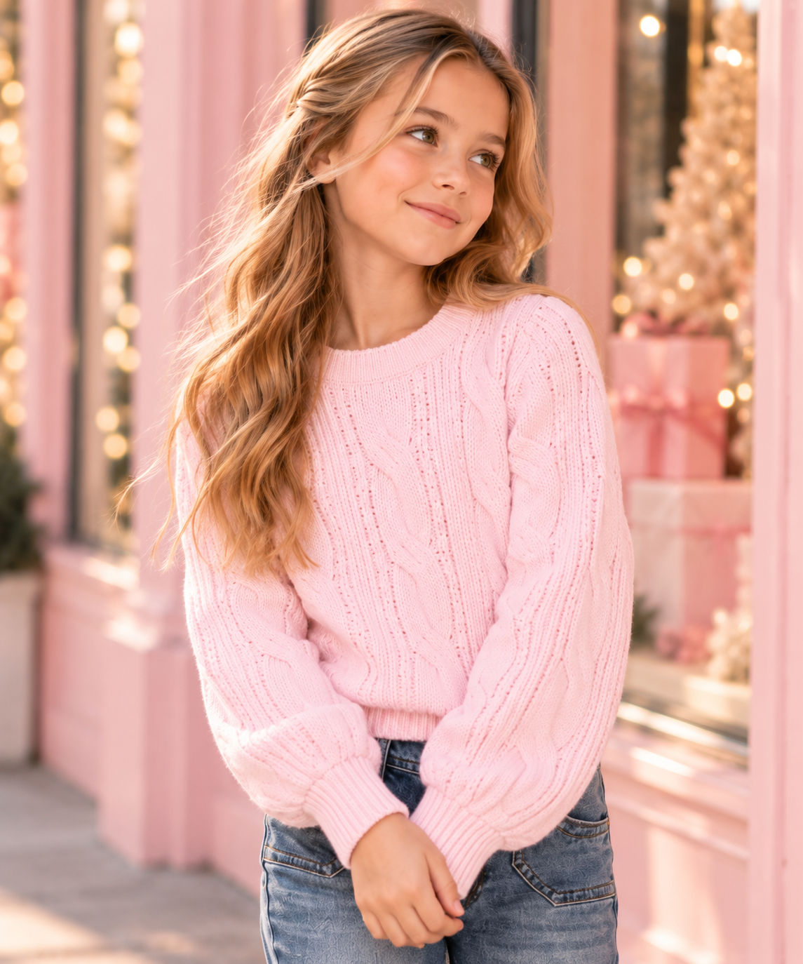 Close up of KatieJ NYC Elena marshmallow pink chenille cable knit sweater on tween girl