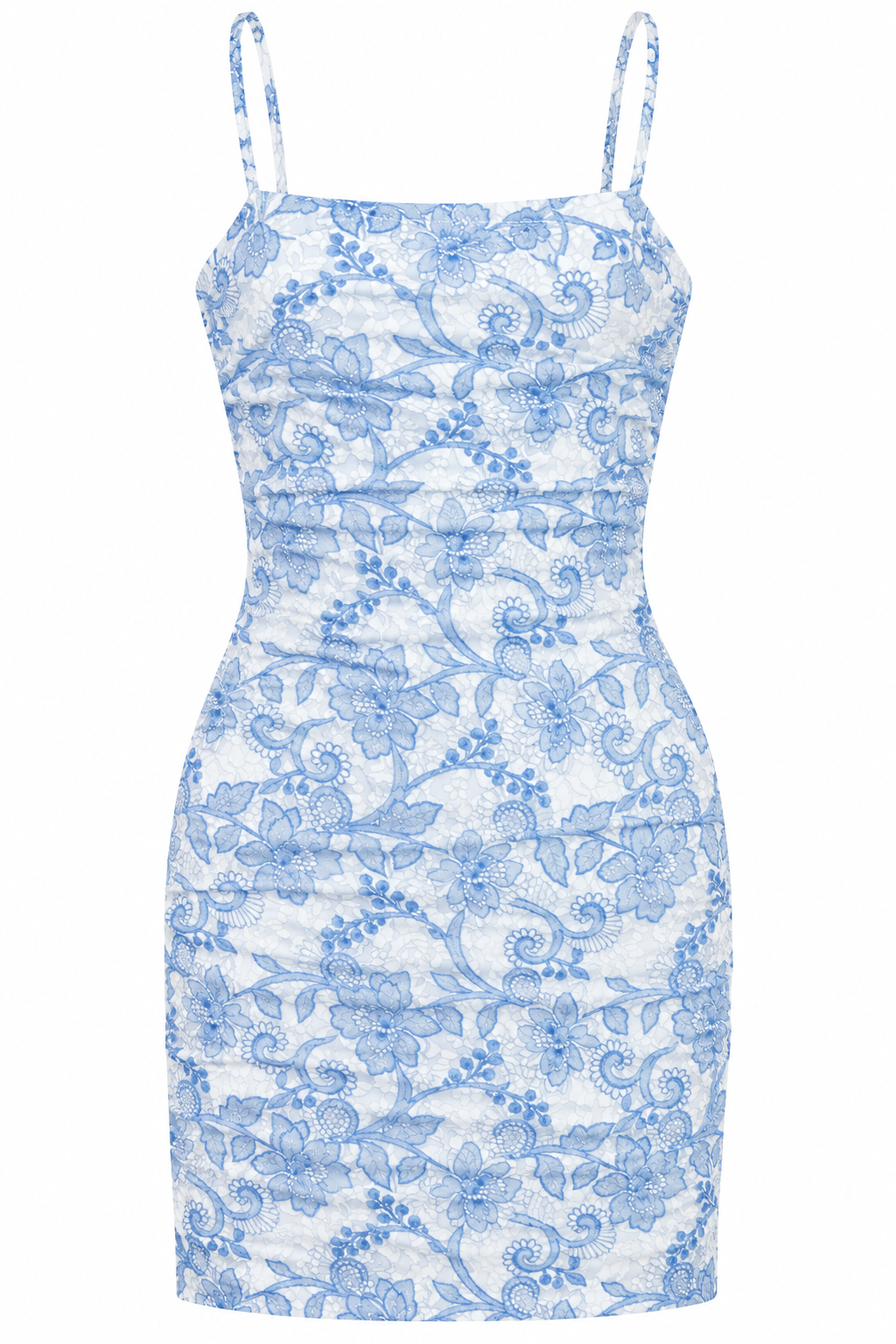 KatieJ NYC Abby Dress Baby Blue Lacey Floral fitted girls dress with thin straps and floral lace pattern front white background