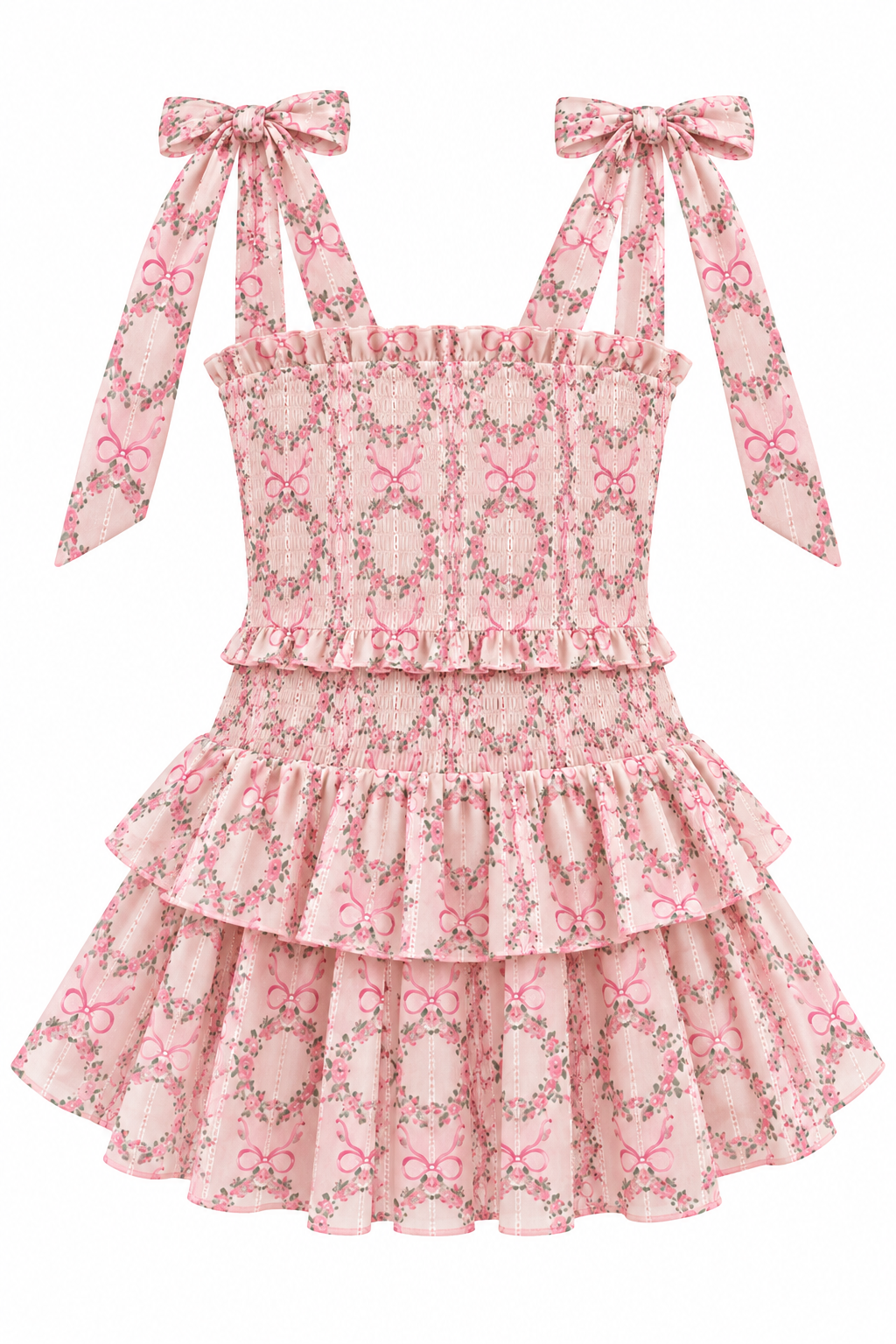 KatieJ NYC Emerson girls dress Pink Sweetheart Floral smocked ruffle dress with shoulder bows - front product view
