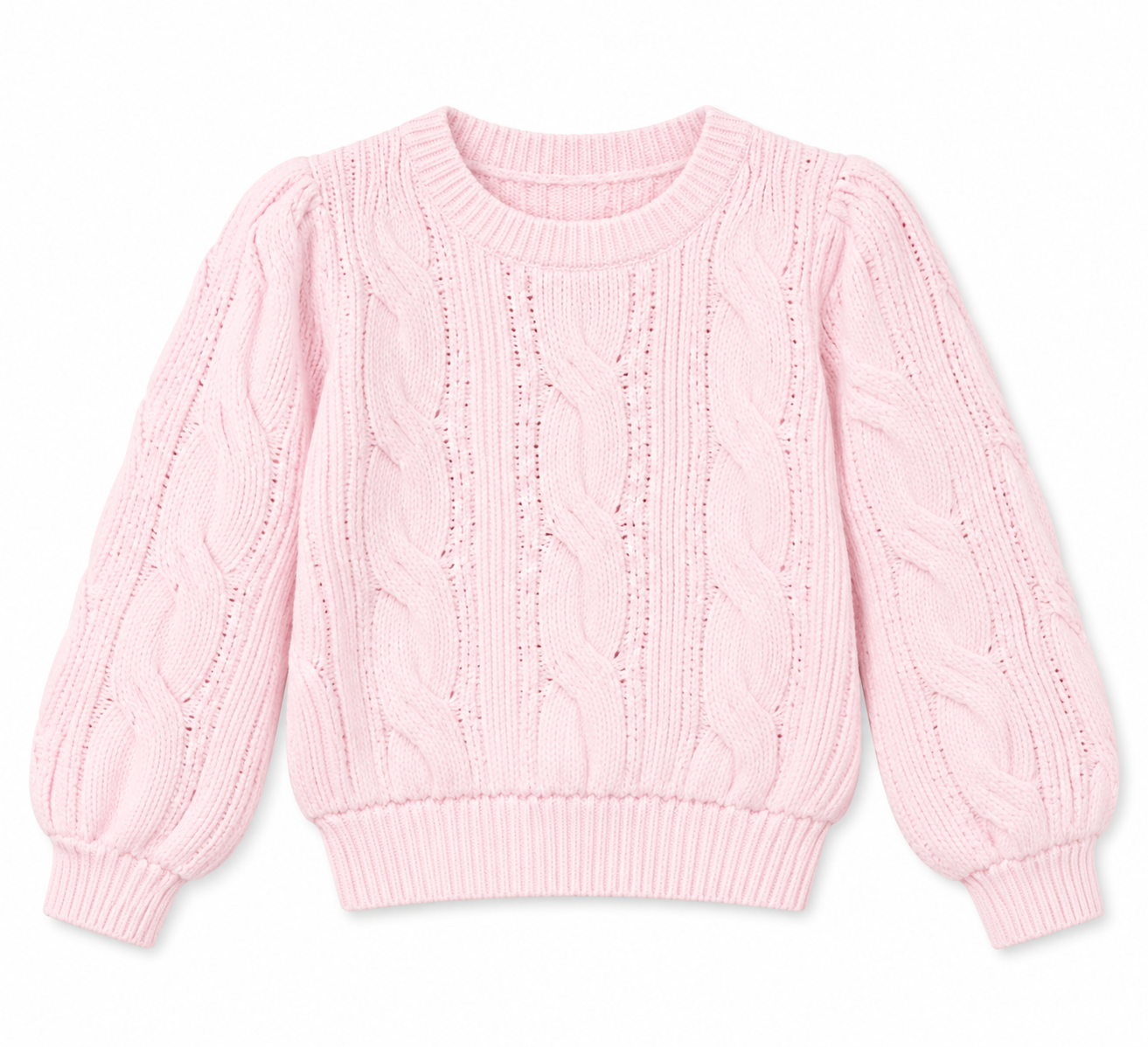 KatieJ NYC Elena sweater in pink marshmallow chenille cable knit on white