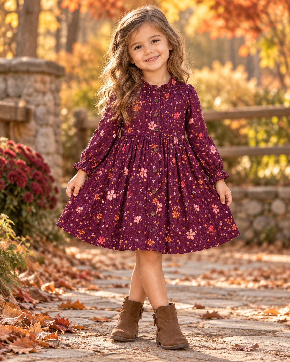 Girl modeling the Alto Modas Autumn Floral Sophie Dress