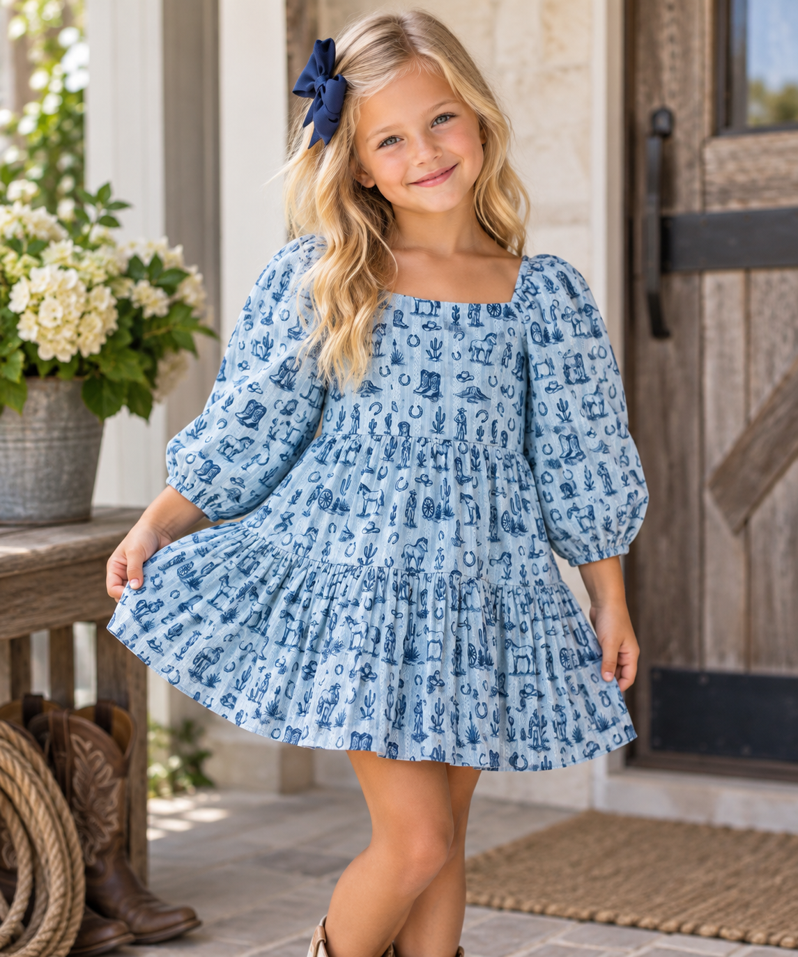 Girl wearing Alto Modas Blue Western Toile Daphne Dress