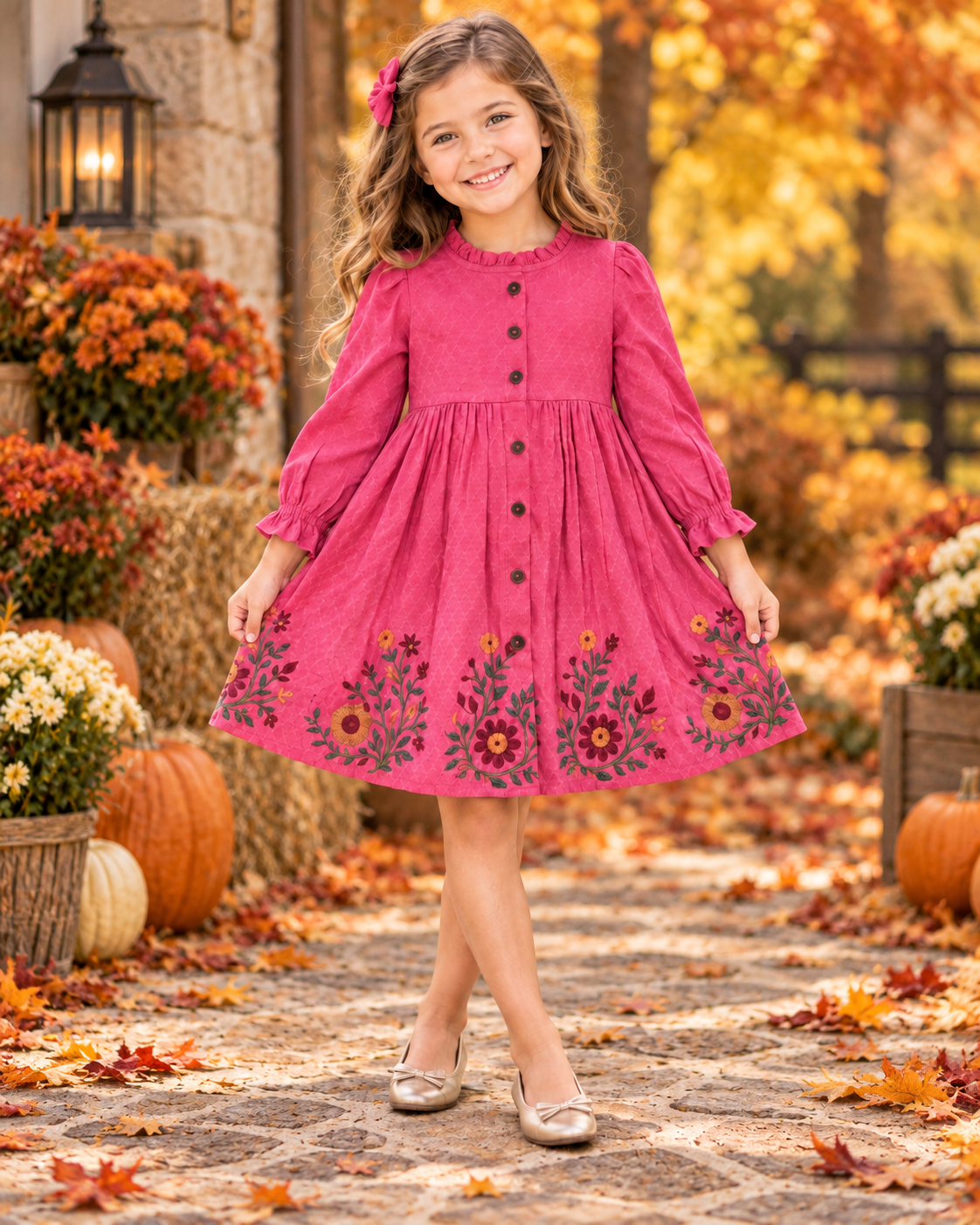 Girl modeling the Alto Modas Fuchsia Embroidery Sophie Dress