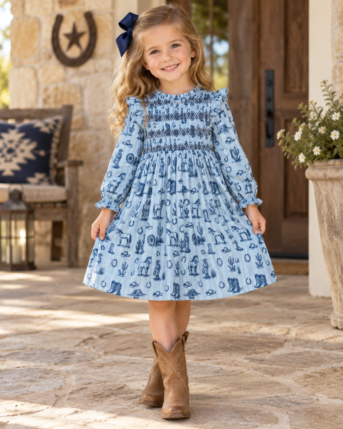 Girl modeling the Alto Modas Western Toile Blue Genevieve Dress