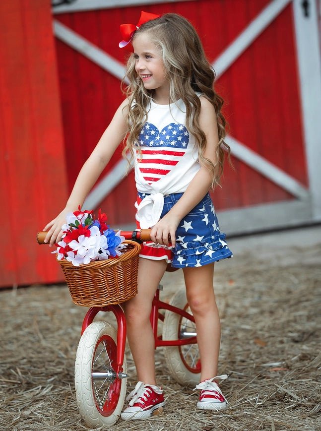 American Heart Graphic Tie Front Top &amp; Ruffle Denim Shorts - Everything But The PrincessMia Belle