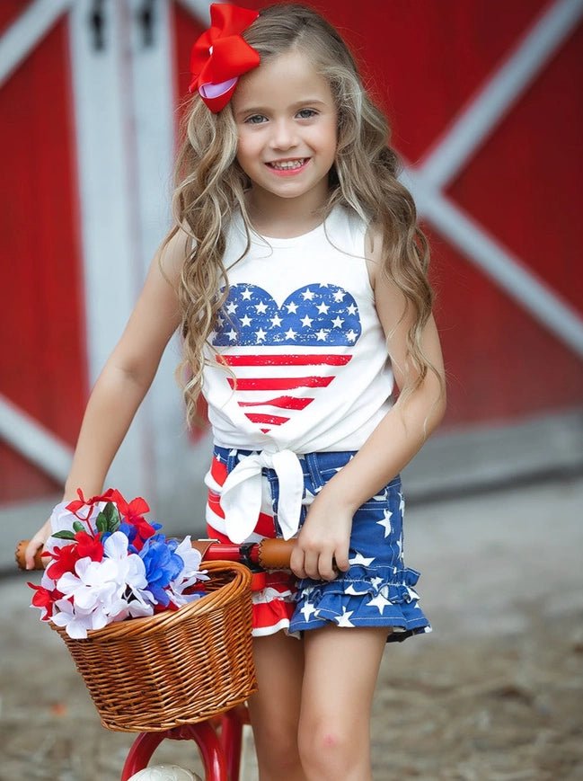 American Heart Graphic Tie Front Top &amp; Ruffle Denim Shorts - Everything But The PrincessMia Belle