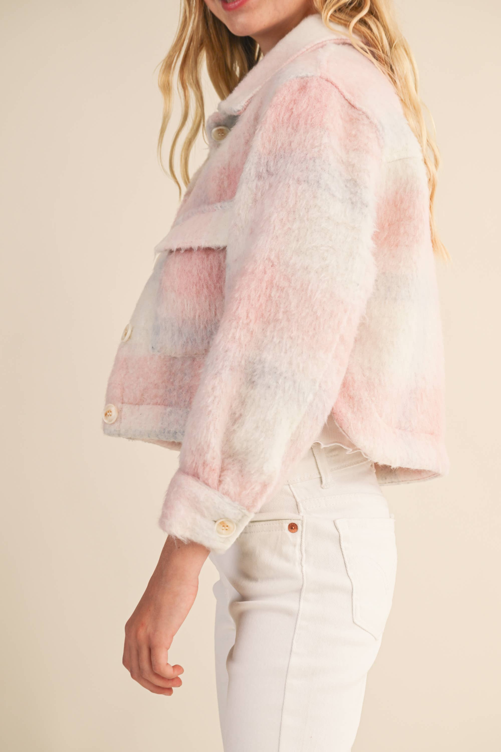 Heart & Arrow Tween Cropped Jacket- Pink Plaid