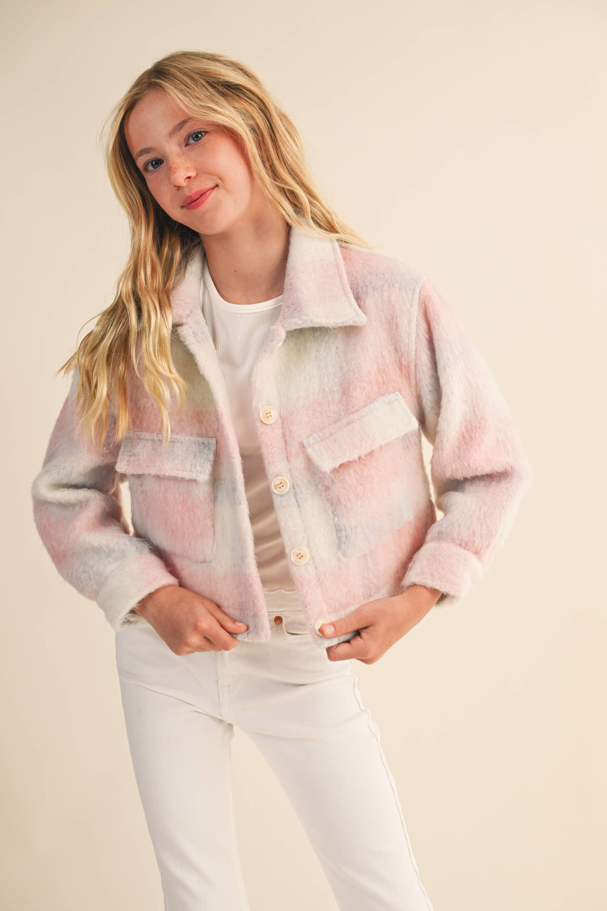 Heart & Arrow Tween Cropped Jacket- Pink Plaid