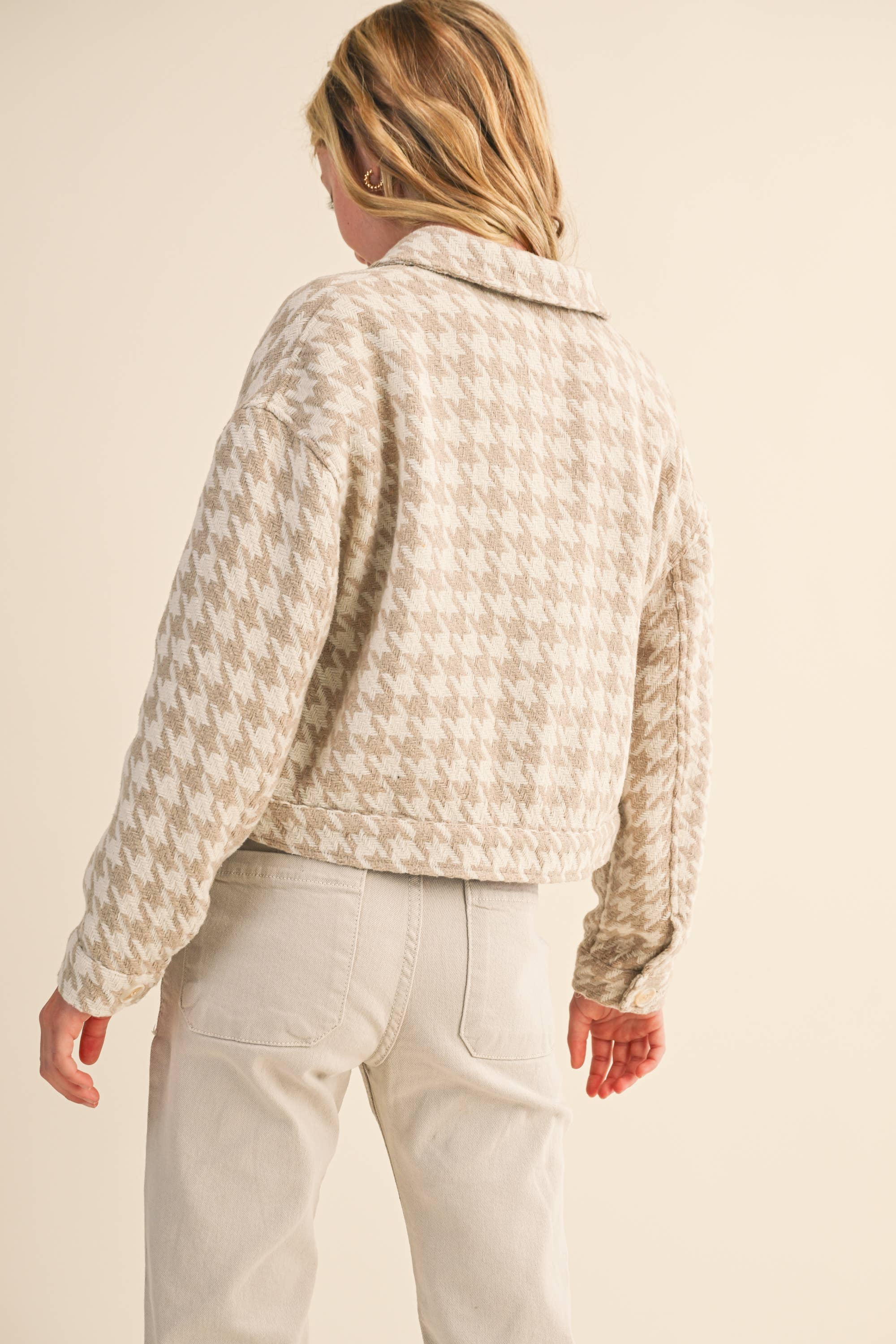 Heart & Arrow Tween Cropped Jacket- Tan Houndstooth