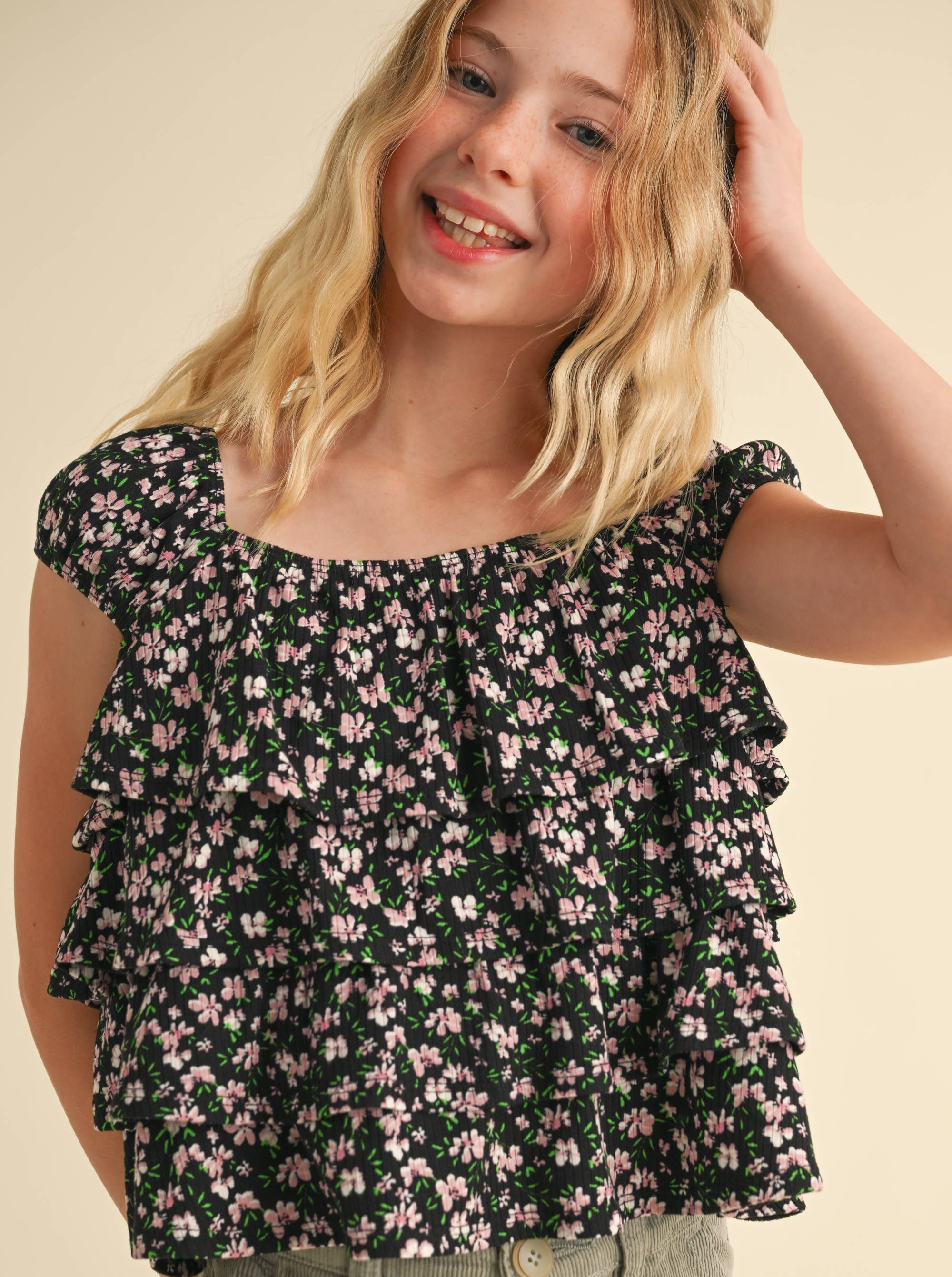Heart & Arrow Tween Floral Ruffle Top
