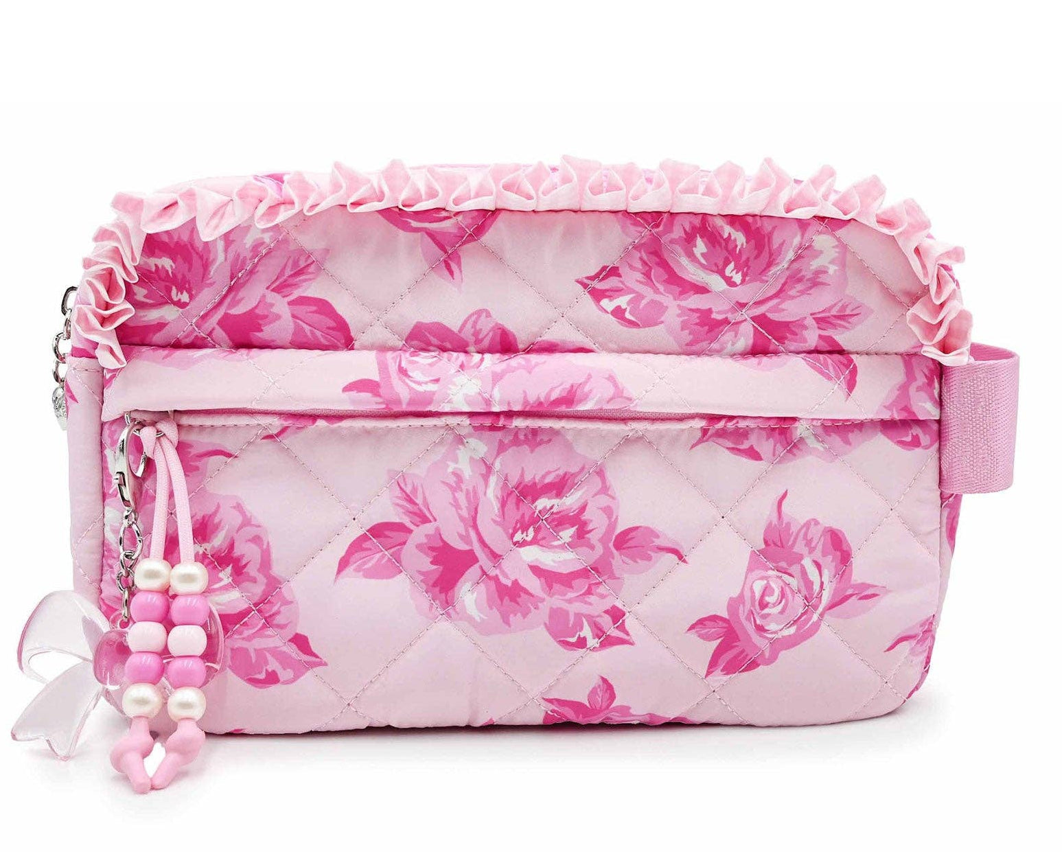 Pink floral-patterned cosmetic bag with ruffled edge on a white background
