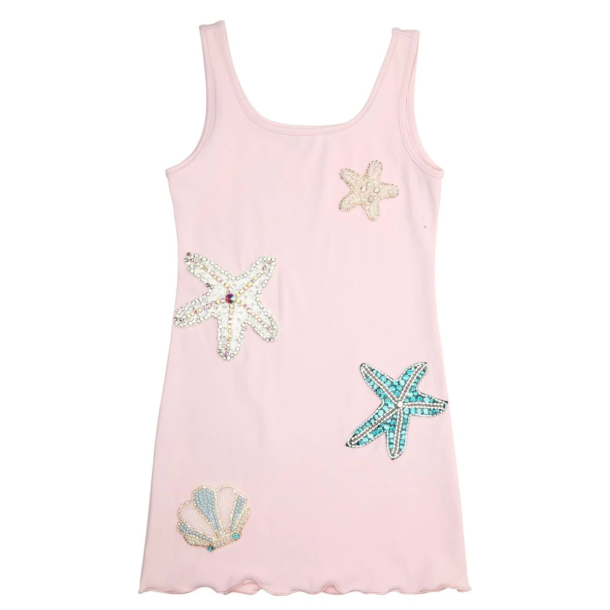 Pink tank top with starfish and shell designs on a white background