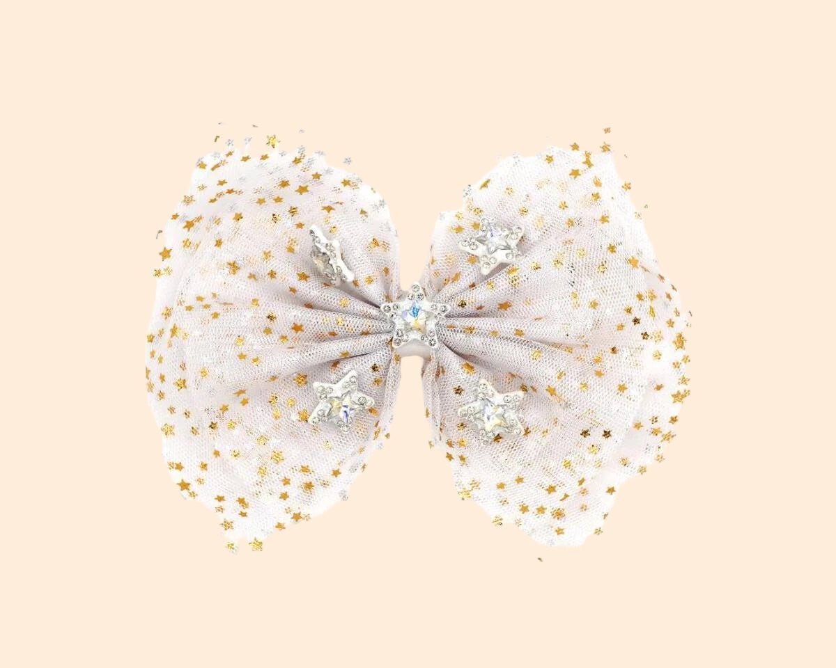 Bari Lynn 5&quot; Star Print Tulle Bow with Crystal Charms - White - Everything But The PrincessBari Lynn