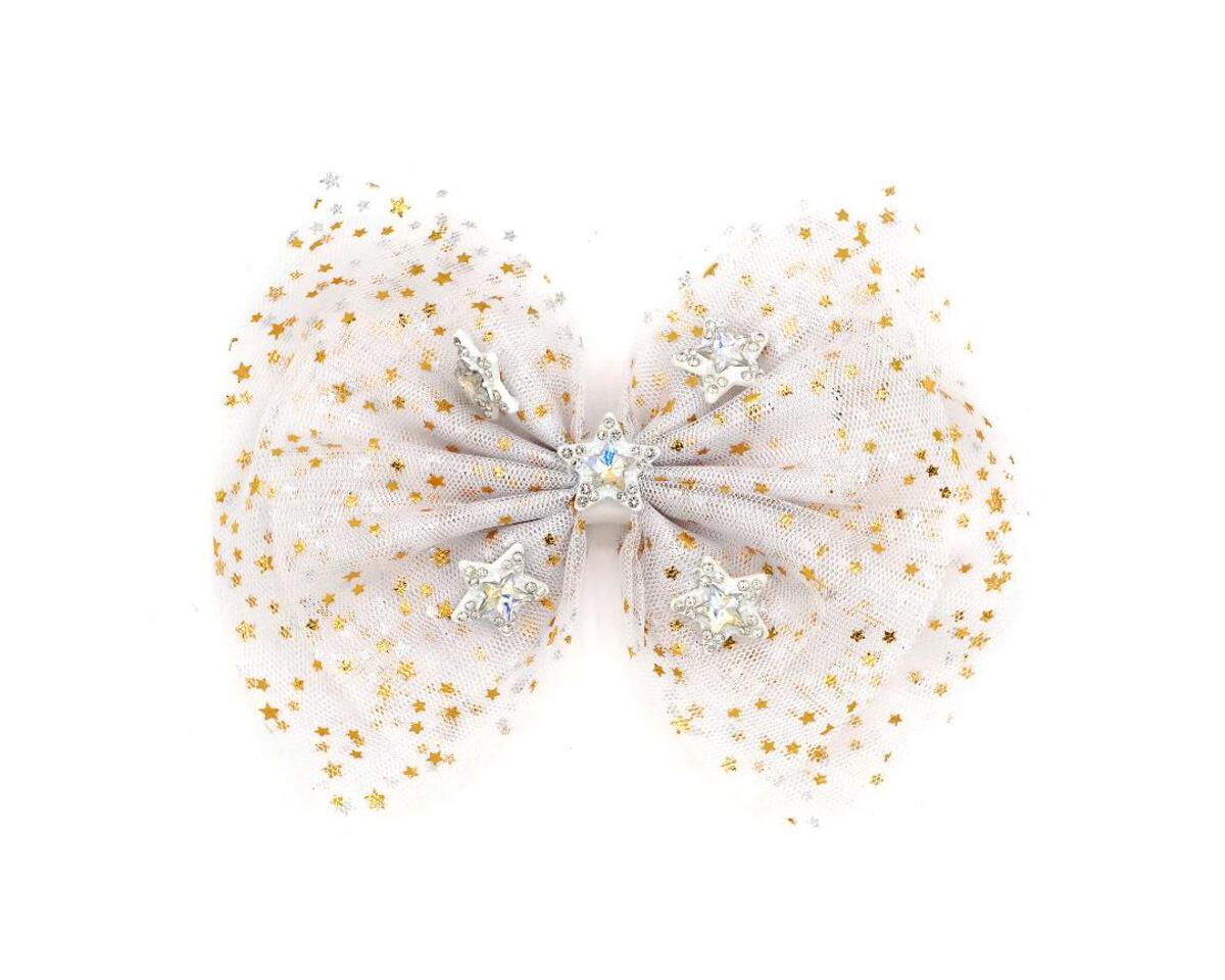 Bari Lynn 5&quot; Star Print Tulle Bow with Crystal Charms - White - Everything But The PrincessBari Lynn