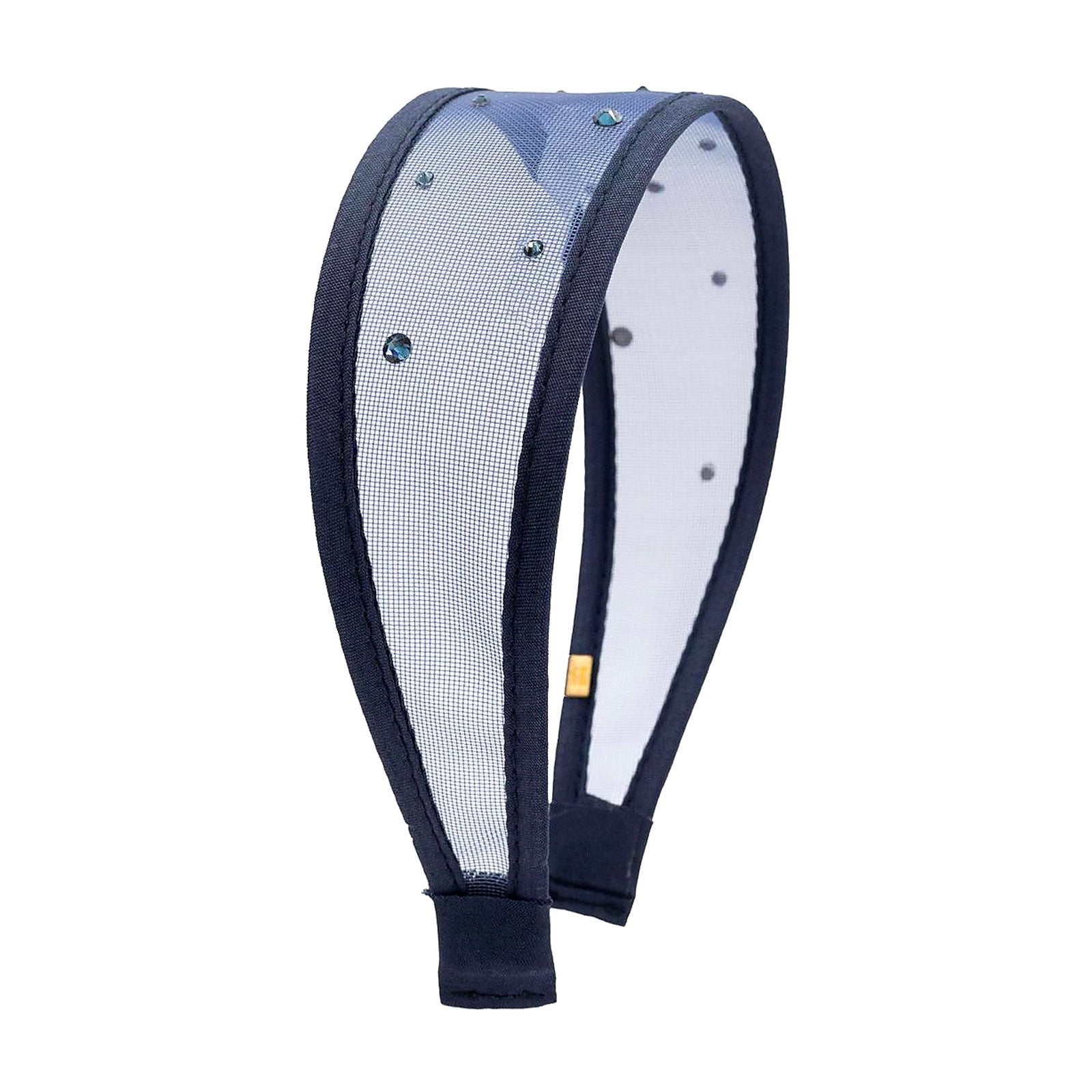 A tween girls navy blue mesh headband with dark navy fabric trim and small rhinestone embellishments, shown on a plain white background.