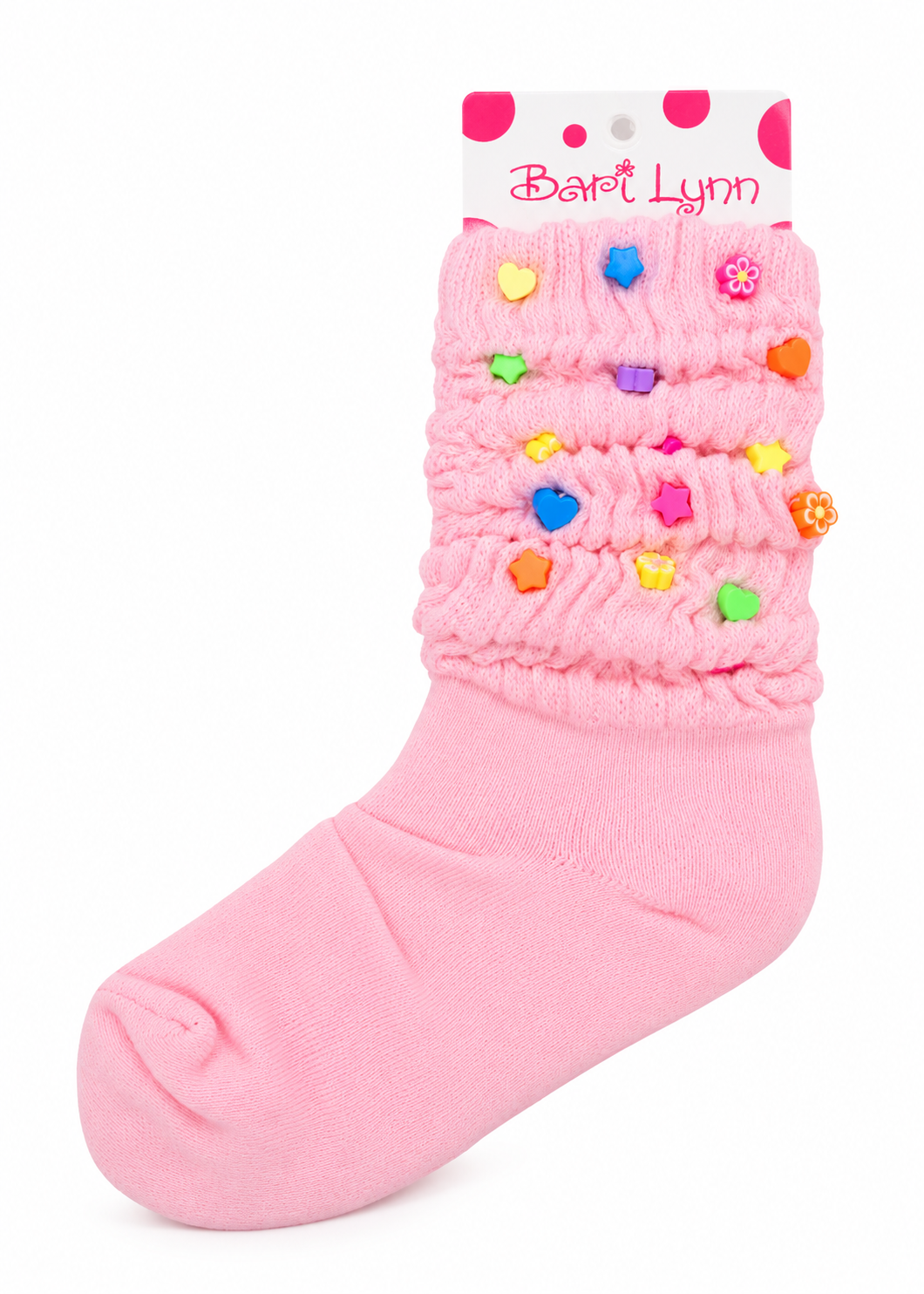 Bari Lynn Pink Fun Charm Socks, pink scrunch socks with multicolor decorative charms