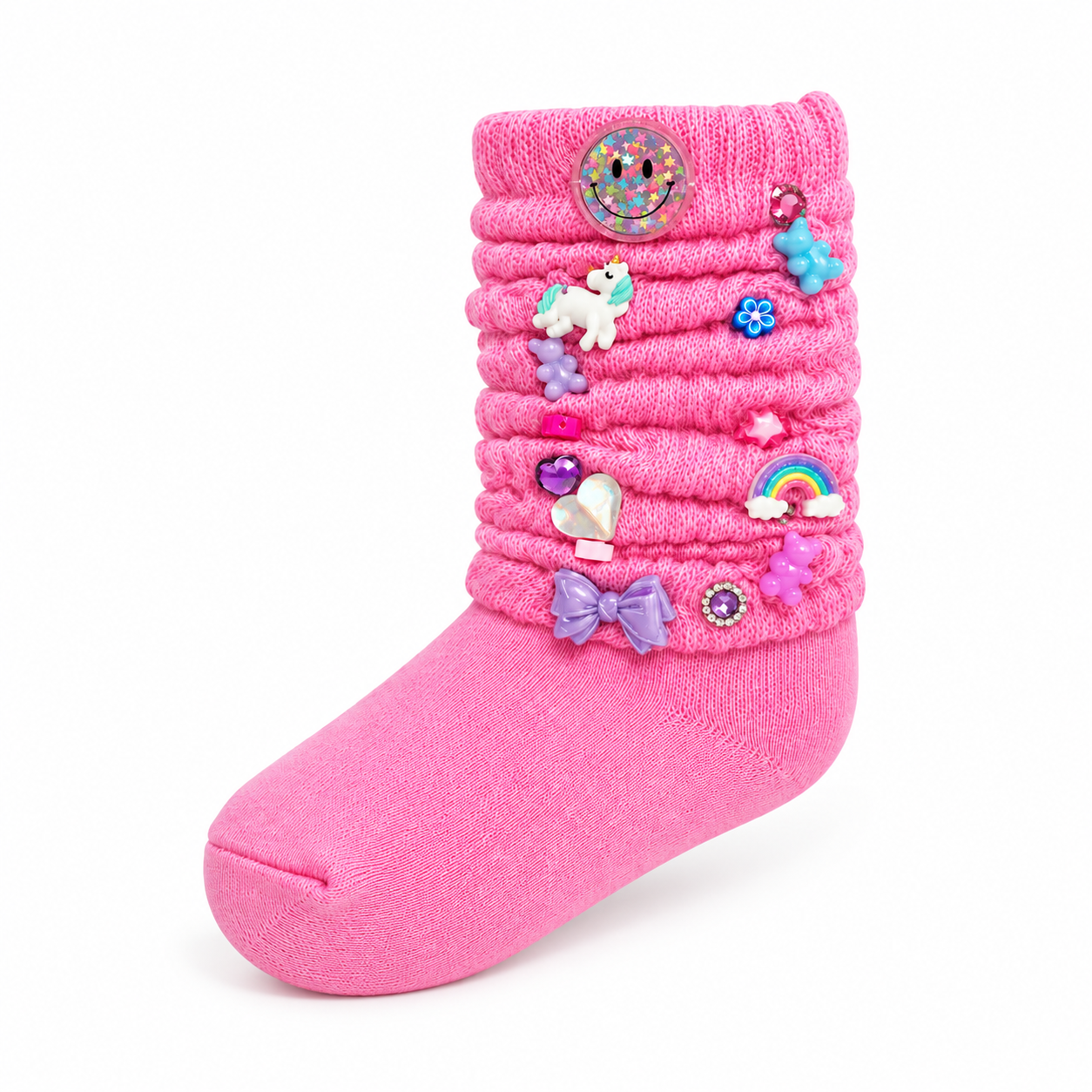 Bari Lynn Pink Fun Charm Socks with smiley face unicorn rainbow and jeweled charms on white background