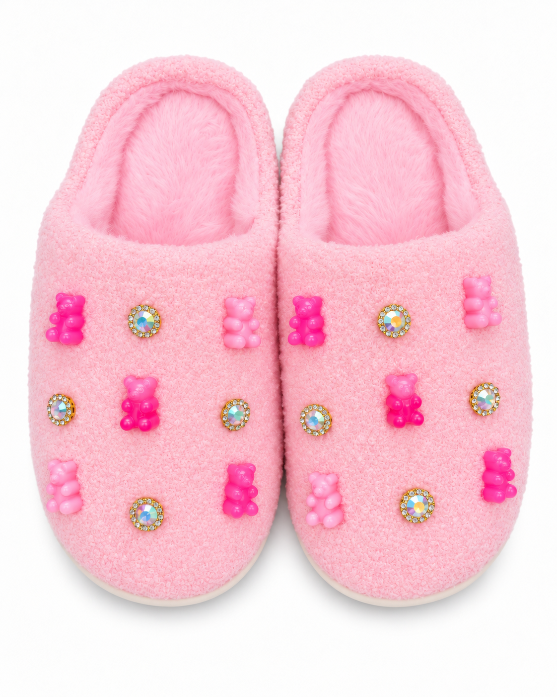 Bari Lynn pink gummy bear charm slippers, baby pink plush slippers with rhinestone accents on white background
