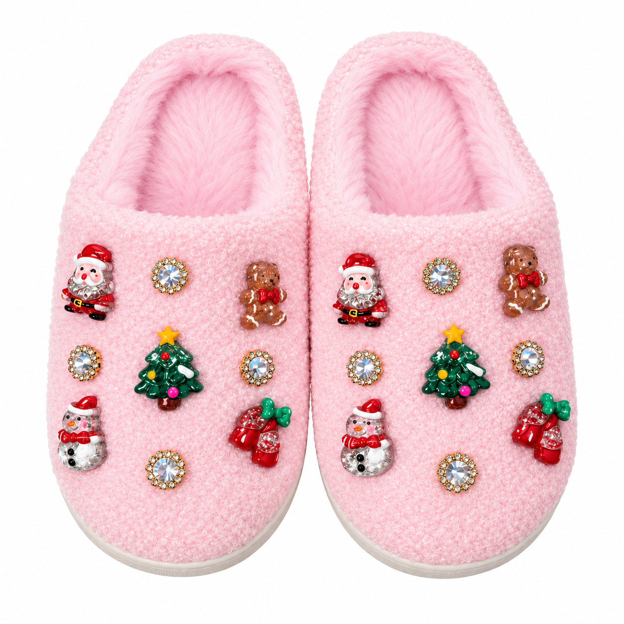 Bari Lynn Pink Holiday Charm Slipper with Christmas charms and rhinestone accents